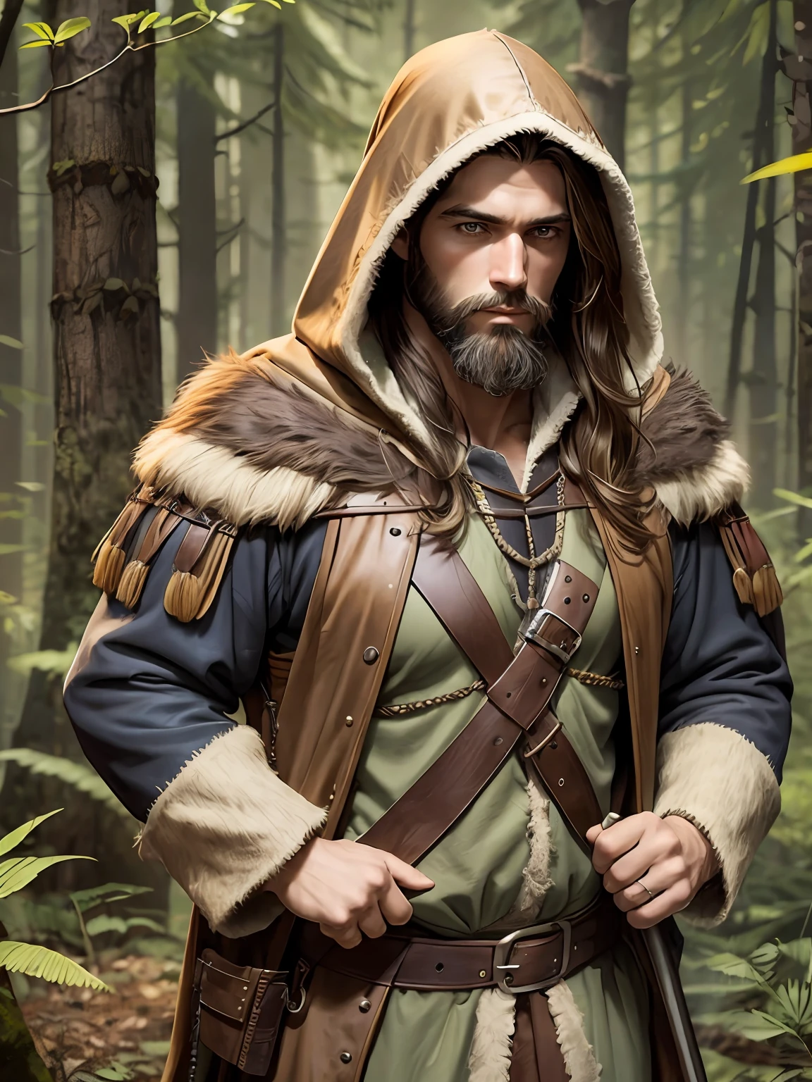 Man, long brown hair, bearded, medieval hunter, in the middle of a dense forest at night, hooded, medieval style, realistic, ultra detailed --auto --s2