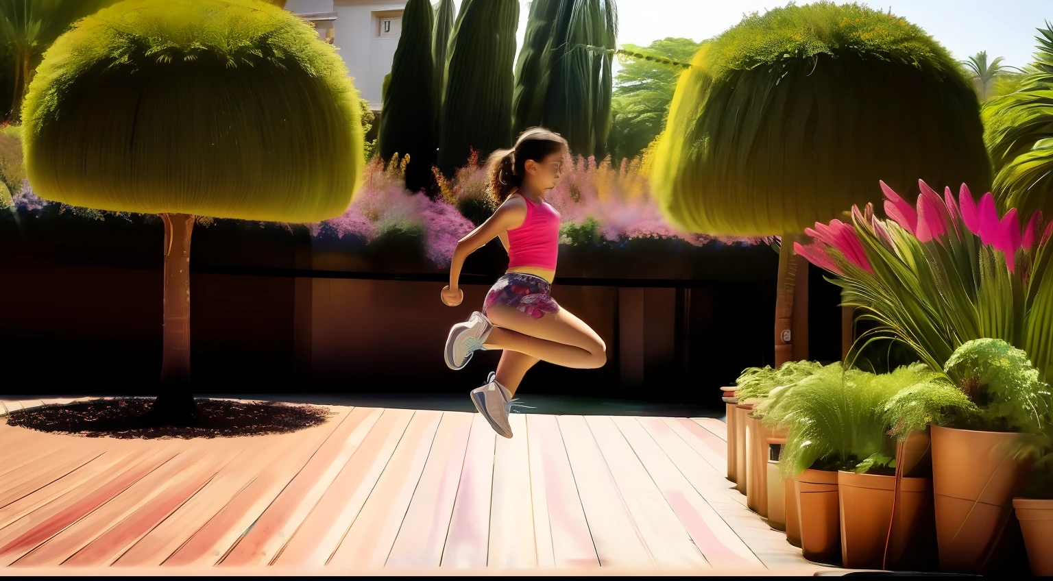 A girl jumping rope in the foreground, en un parque , muchas plantas con flores coloridas a su alrededor, con muchos detalles y texturas, rostro detallado, anatomically correct body, colores vibrantes, en ropa , objetos y plantas, Ultra High Definition