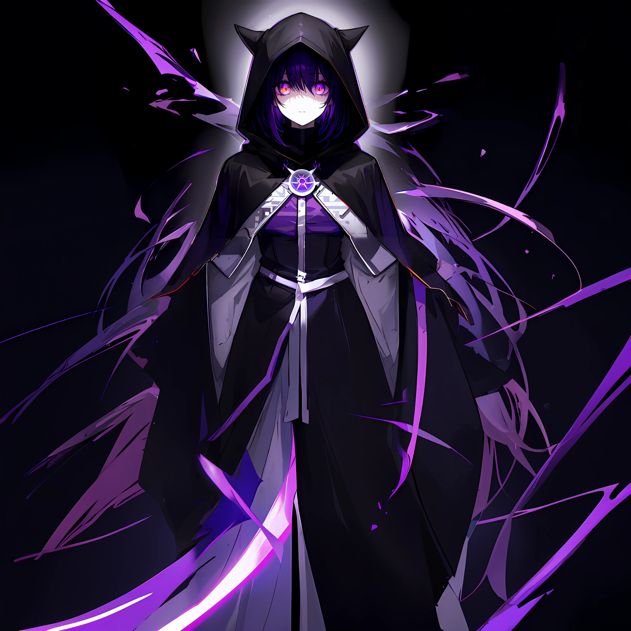 anime character with hood and cape with glowing white eyes, cloaked, dark cape, with glowing eyes, dark robed, black robes with purple outline, purple hair underneath hood, obscured face