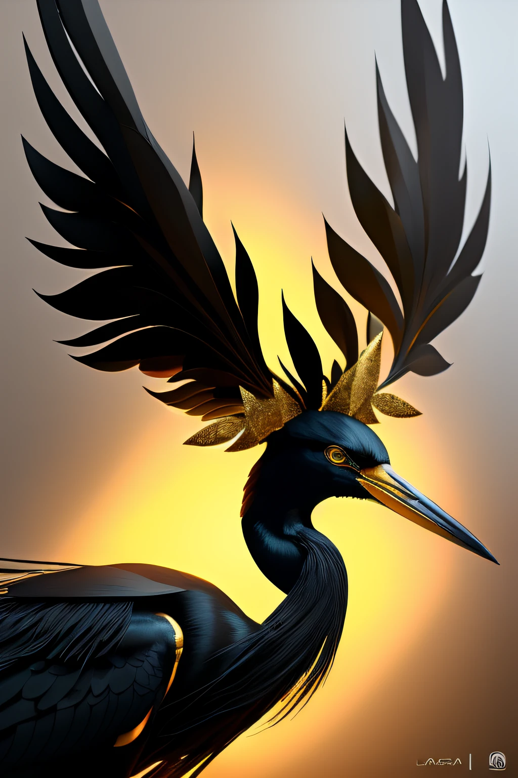 Photo of a black and evil heron with golden feathers and horns and bright eyes amid the mist of a shadowy forest, magia-fantasia-floresta, arte digital, most amazing art in the world, ((sem humanos)), Light Volumetric, cores suaves equilibradas, forest scenery, videiras, uhd, render de octanas 8k, magica, Awesome, ethereal, intrincado, design intrincado, ultra sharp, sombras, cores mais frias, trend in CGSociety, olhos brilhantes, ((melhor qualidade)), ((obra-prima)), (detalhado), corvo com penas azuis