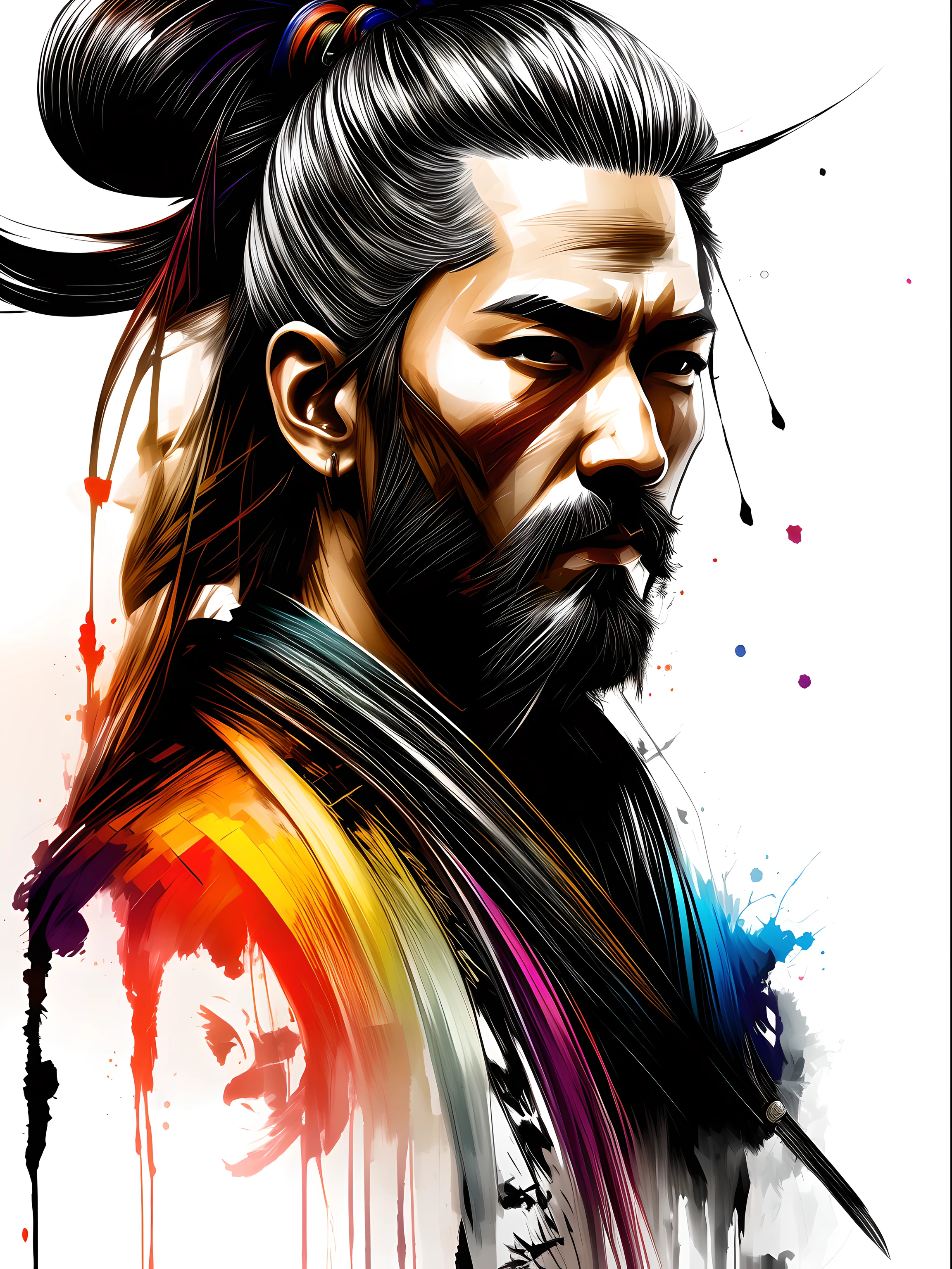 ((Vibrant colors)). A detailed portrait of long hair samurai in Japanese Edo period in Richard Anderson's art style, double exposure with sepia Carne Griffiths art style, with a unique blend of realism and abstraction. full body action pose shot, black and white sketch. comic style.