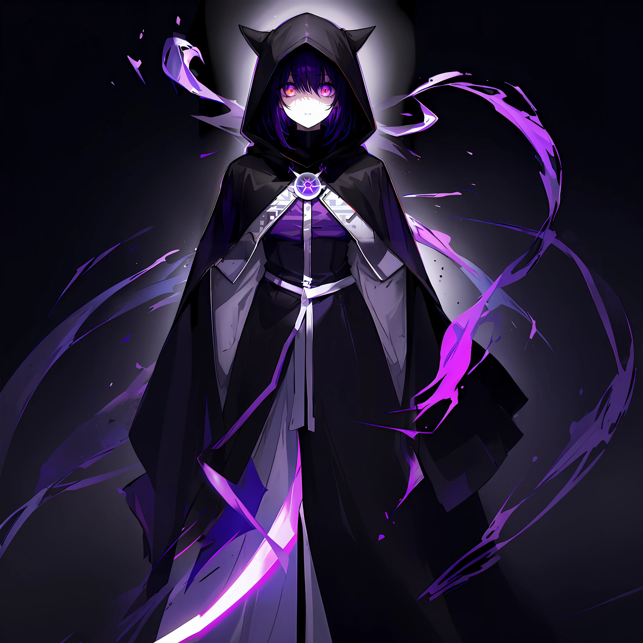 anime character with hood and cape with glowing white eyes, cloaked, dark cape, with glowing eyes, dark robed, black robes with purple outline, purple hair underneath hood, obscured face