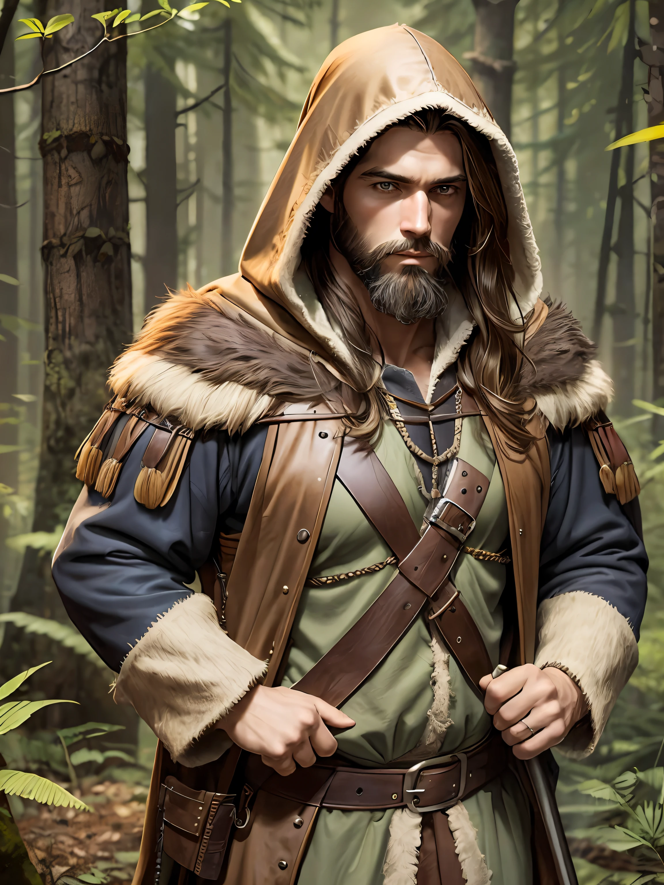 Man, long brown hair, bearded, medieval hunter, in the middle of a dense forest at night, hooded, medieval style, realistic, ultra detailed --auto --s2