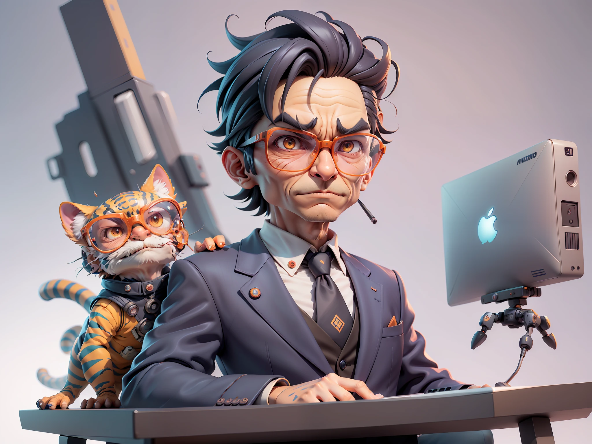 A young man in a suit, Short hair and glasses sat at his desk,holding laptop,digitial painting,tigre,3D character design by Mark Clairen and Pixar and Hayao Miyazaki and Akira Toriyama,4K HD illustration,Very detailed facial features and cartoon-style visuals。