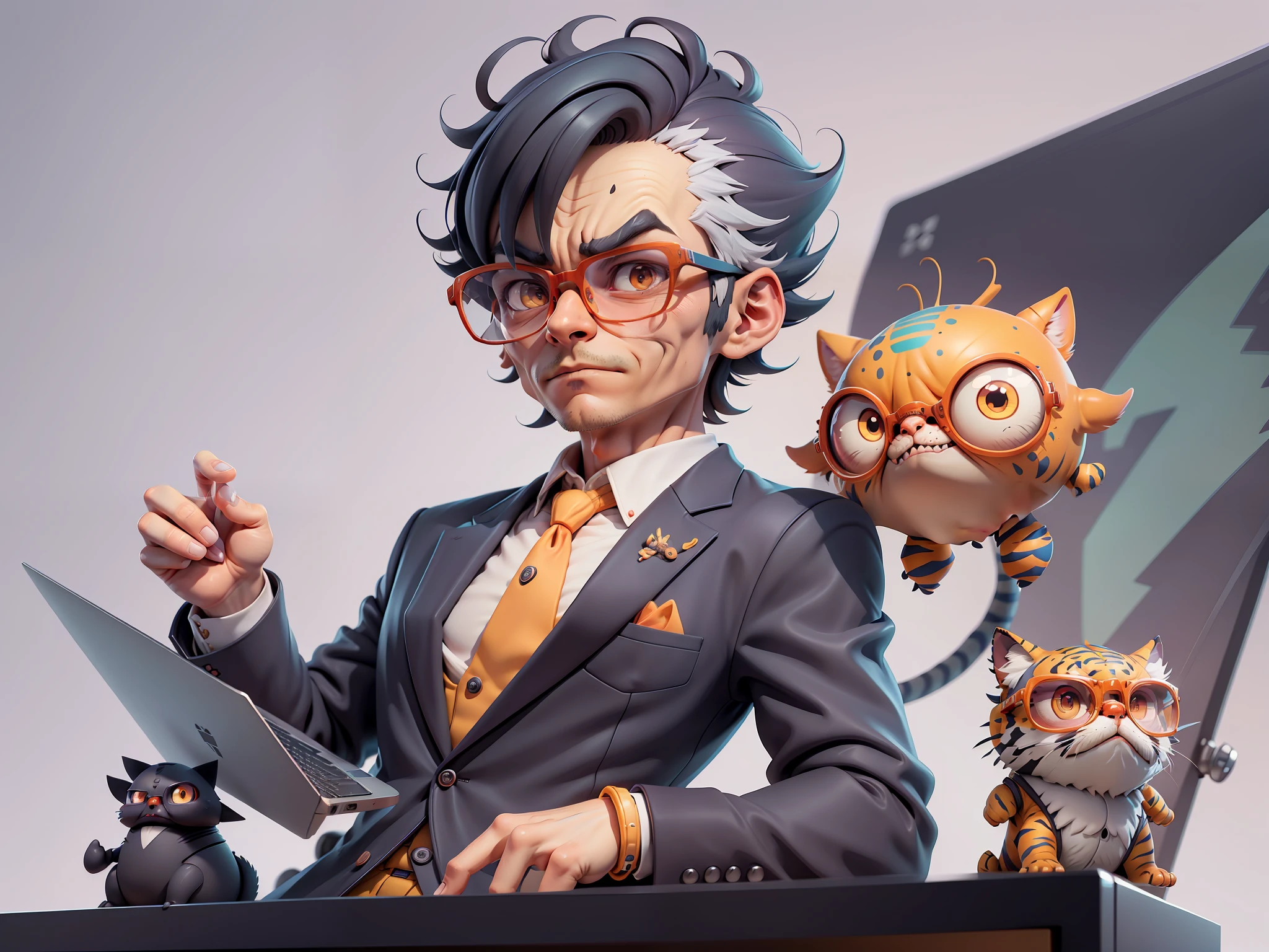 A young man in a suit, Short hair and glasses sat at his desk,holding laptop,digitial painting,tigre,3D character design by Mark Clairen and Pixar and Hayao Miyazaki and Akira Toriyama,4K HD illustration,Very detailed facial features and cartoon-style visuals。