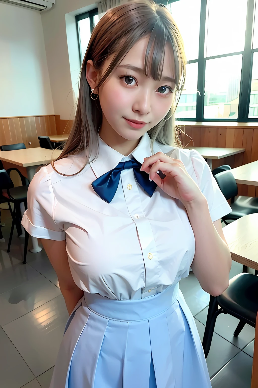 Top Quality, Ultra High Definition, (Photorealistic: 1.4), 1 girl, white blouse, blue skirt, bow tie, (faded ash-gray hair: 1), (Normal breasts: 1), Watch viewer, Cafe