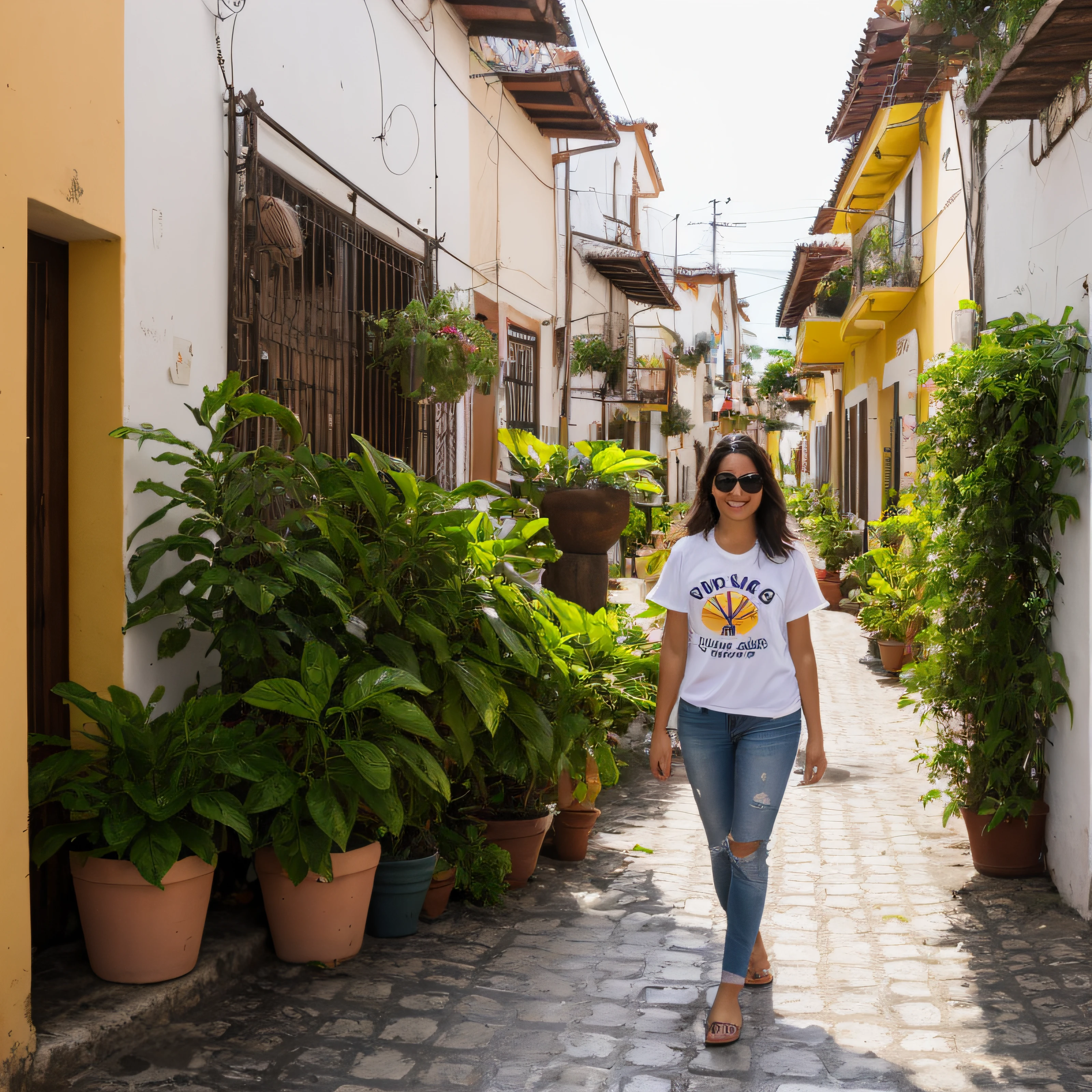 Foto RAW, uma foto de retrato da mulher vestida com t-shirt, parte superior do corpo, sunshine, rua da cidade bonita salvador na Bahia, (pele altamente detalhada: 1.2), 8k uhd, dslr, soft-lighting, alta qualidade, grain of film, Fujifilm XT3, plantas ao fundo decorando a rua