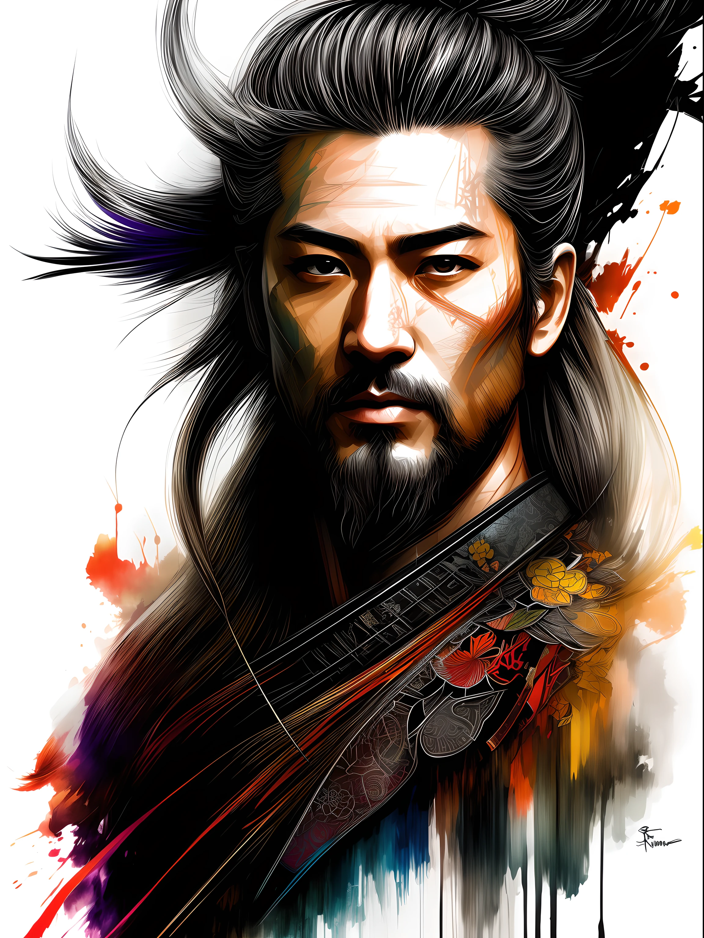 ((Vibrant colors)). A detailed portrait of long hair samurai in Japanese Edo period in Richard Anderson's art style, double exposure with sepia Carne Griffiths art style, with a unique blend of realism and abstraction. full body action pose shot, black and white sketch. comic style.