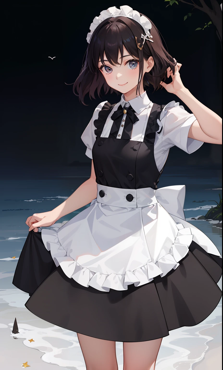 1girl in、A smile、A delightful、skirt by the、(small tits)Chilarism、doress、pinafore,,,,,,、Maids,,,,,,,,、A dark-haired、hair adornments、movement、
