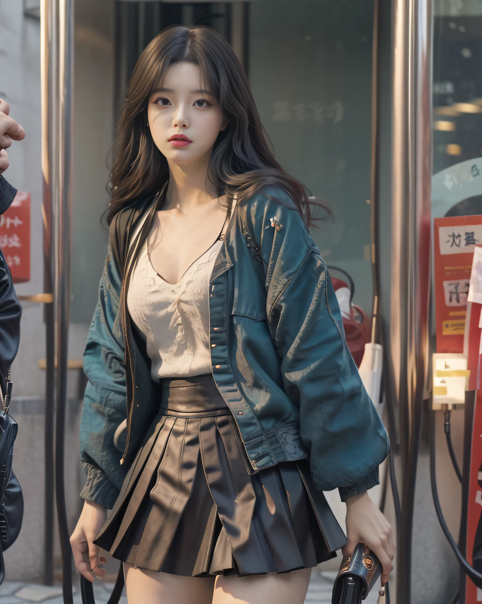 (masterpiece, beautiful art:1.4), close-up of Tokyo 25yo 1woman, walking Tokyo streets, (short teal skirt:1.3), (long wavy hair:1,1), cleavage, (perfect beautiful face:1.2), mix4:0.7, chengwei pan on artstation, by Yang J, detailed realistic art, stunning character art, fanart best artstation, epic exquisite character art, extremely detailed artgerm, detailed digital anime art, artgerm on artstation pixiv