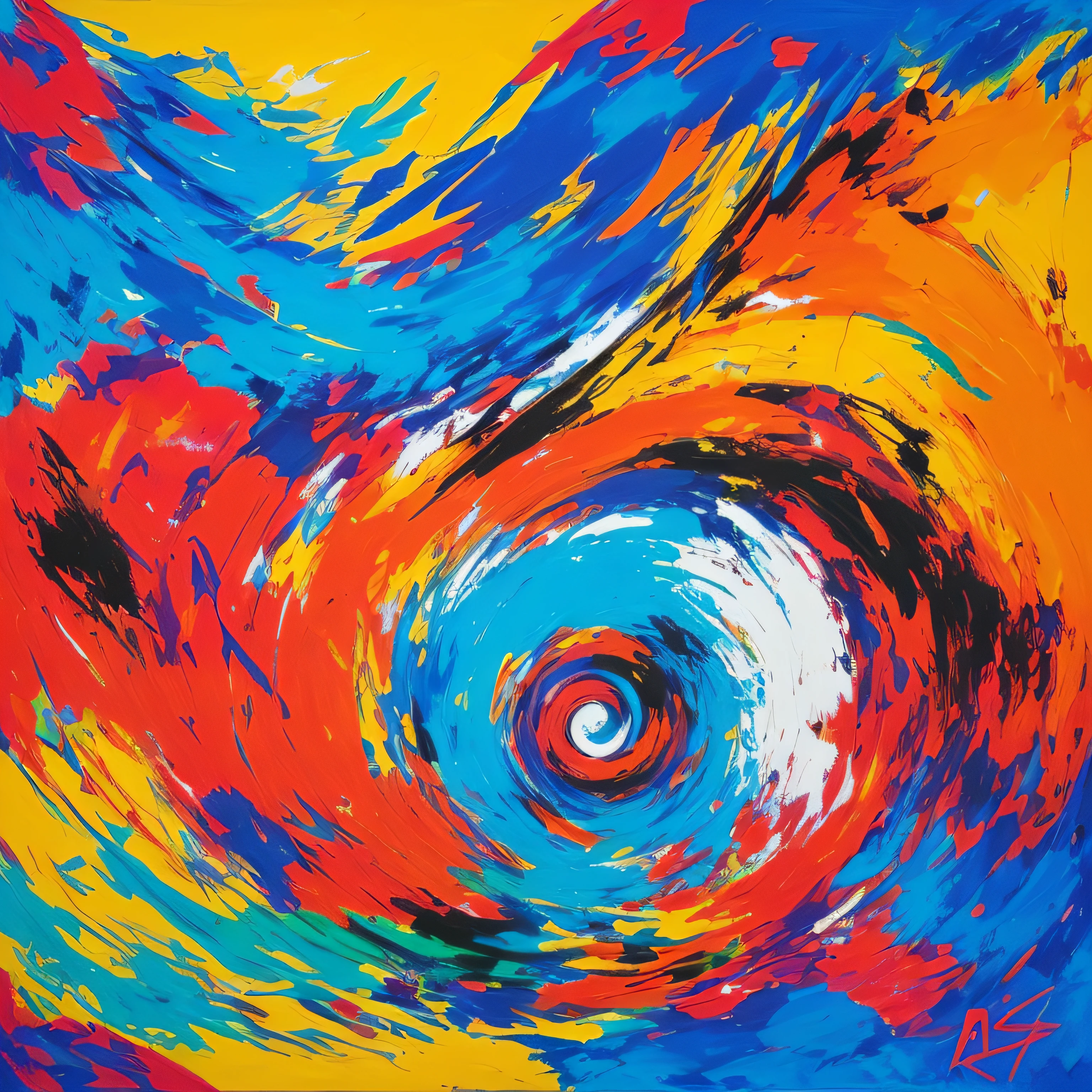 An abstract art piece with bold and vibrant colors, dynamic brushstrokes, and unconventional shapes, creating an energetic and eye-catching composition, Painting, using acrylic paints on a large canvas to create a sense of movement and intensity, --ar 1:1 --v 5