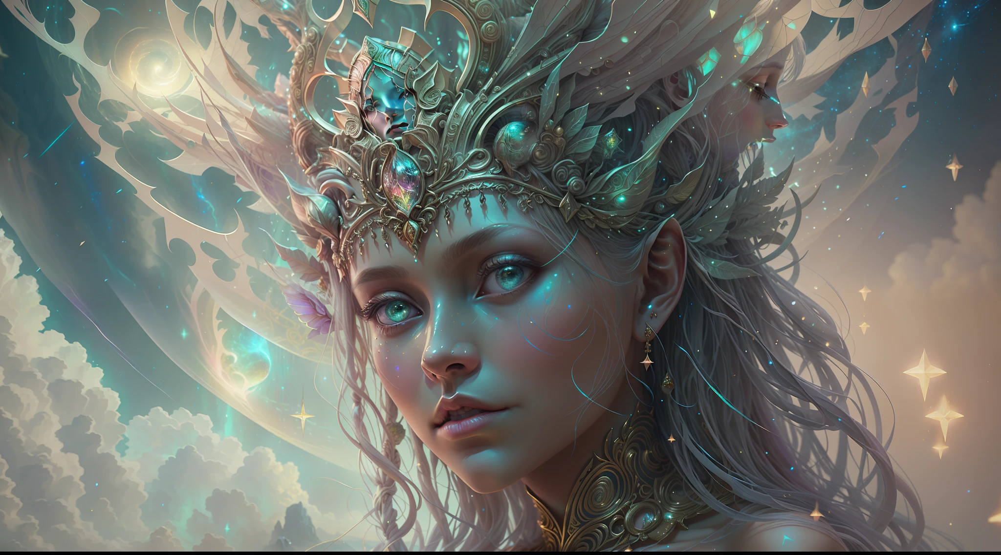 Eldritch, Harsh ancient gods in the night storm, Cloaked in a starry sky, [[Sophia Anne Caruso]], [zendaya], Translucent ivory prosthetic Eldridge horror, Erotic pose, Cinematic lighting, (By (Daniel Mernagh) (Carne Griffiths) Monika Nowak), Highly detailed, Detailed face, Soft body, Alien, Close-up of a goddess with a crown on her head, goddes, Full body like，a stunning portrait of a goddess, Fantasy art Behance, goddes, Extremely high detail, Trending ArtStation, Deviantart ArtStation CGSCOSIETY, extremely detailed goddess shot, trending on artstation 4k, 3 d goddess portrait, hindu aesthetic, Art Station Trend Eldridge, Harsh ancient gods in the night storm, Cloaked in a starry sky, [[Sophia Anne Caruso]], [zendaya], Translucent ivory prosthetic Eldridge horror, Erotic pose, Cinematic lighting, (By (Daniel Mernagh) (Carne Griffiths) Monika Nowak), Highly detailed, Detailed face, Soft body, Alien, Close-up of a goddess with a crown on her head, goddes, Full body like，a stunning portrait of a goddess, Fantasy art Behance, goddes, Extremely high detail, Trending ArtStation, Deviantart ArtStation CGSCOSIETY, extremely detailed goddess shot, trending on artstation 4k, 3 d goddess portrait, hindu aesthetic, Trend at Artstation