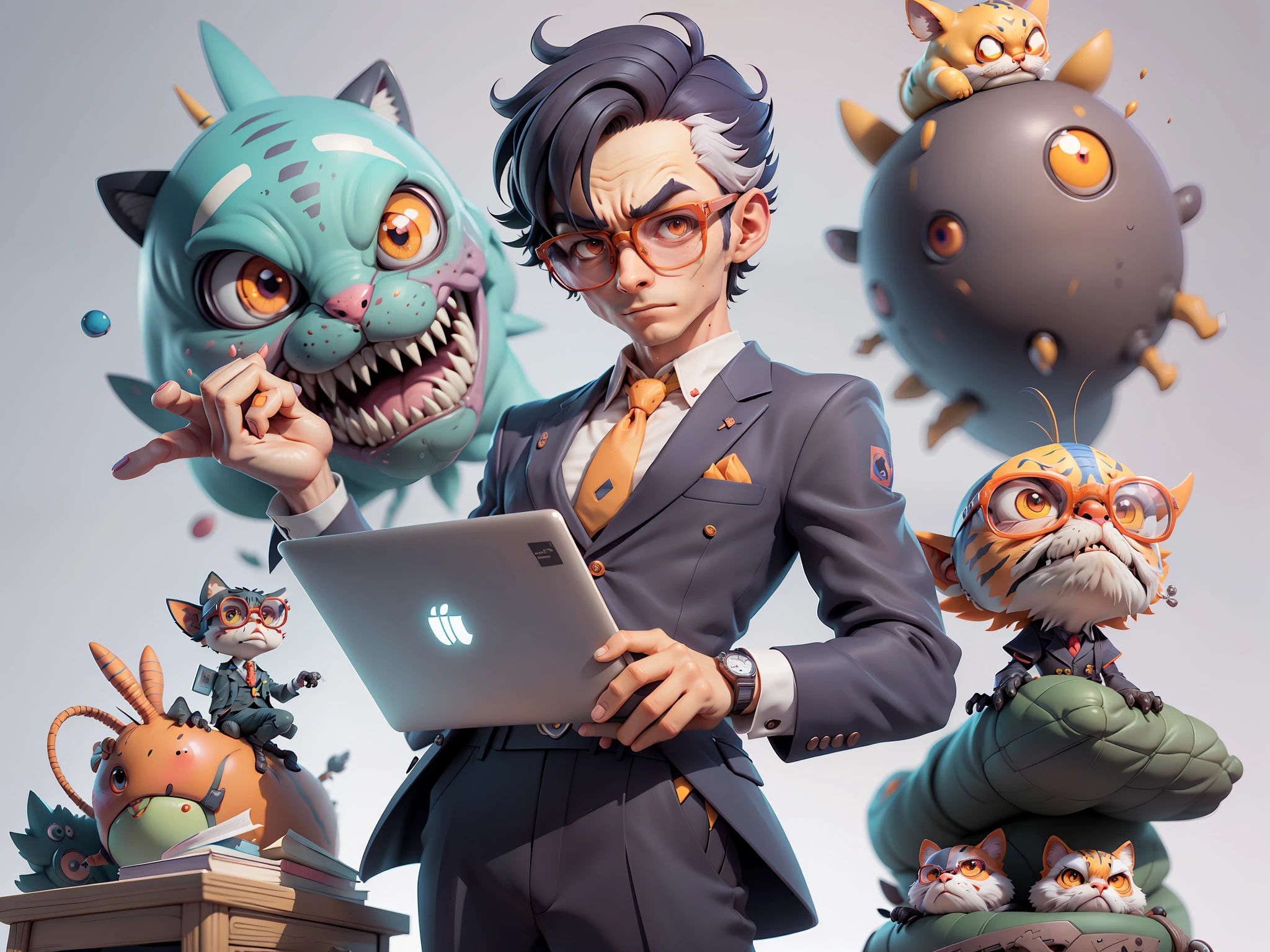 A young man in a suit, Short hair and glasses sat at his desk，holding laptop，digitial painting，tigre，3D character design by Mark Clairen and Pixar and Hayao Miyazaki and Akira Toriyama，4K HD illustration，Very detailed facial features and cartoon-style visuals。