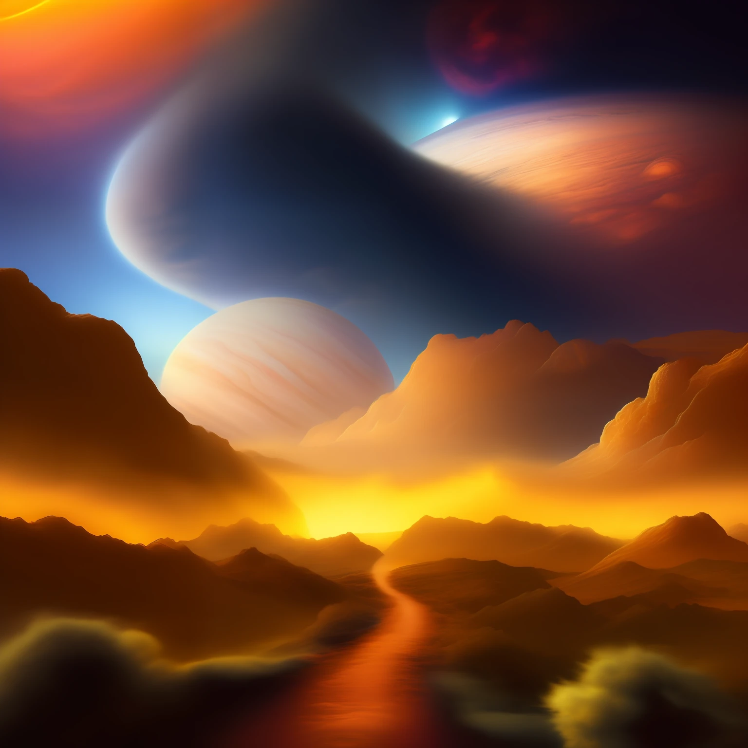 Illustration of Jupiter's clouds, alien landscape and vegetation, epic scene, intrincado, psicodelic