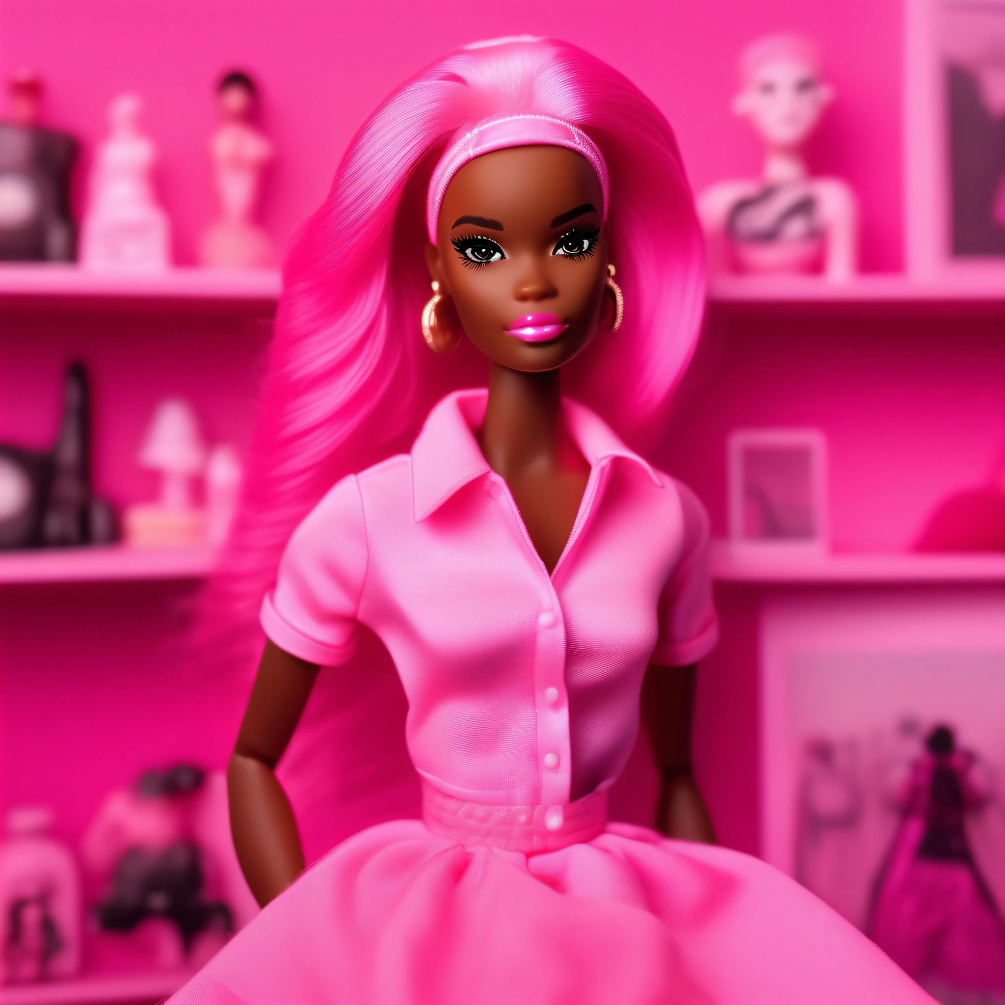 barbie black skin, pink clothes, pink hair, in a pink setting