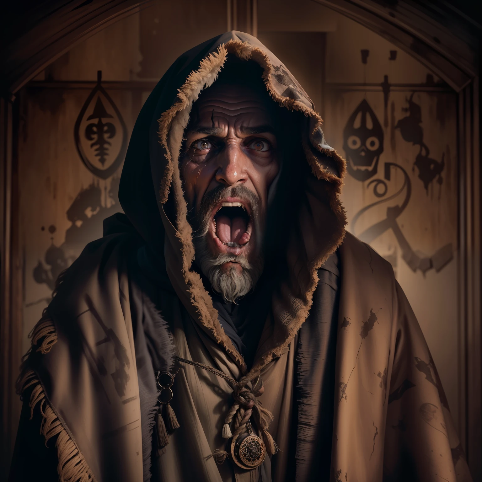 imagem realista e detalhada de um homem misterioso, 45 anos, barba comprida no rosto, fino, dressed in a rustic robe with a hood over his head, screaming desperately in a dark, diabolical room, with arcane symbols painted on the walls, Hands ultra detailed, olhos ultra detalhados