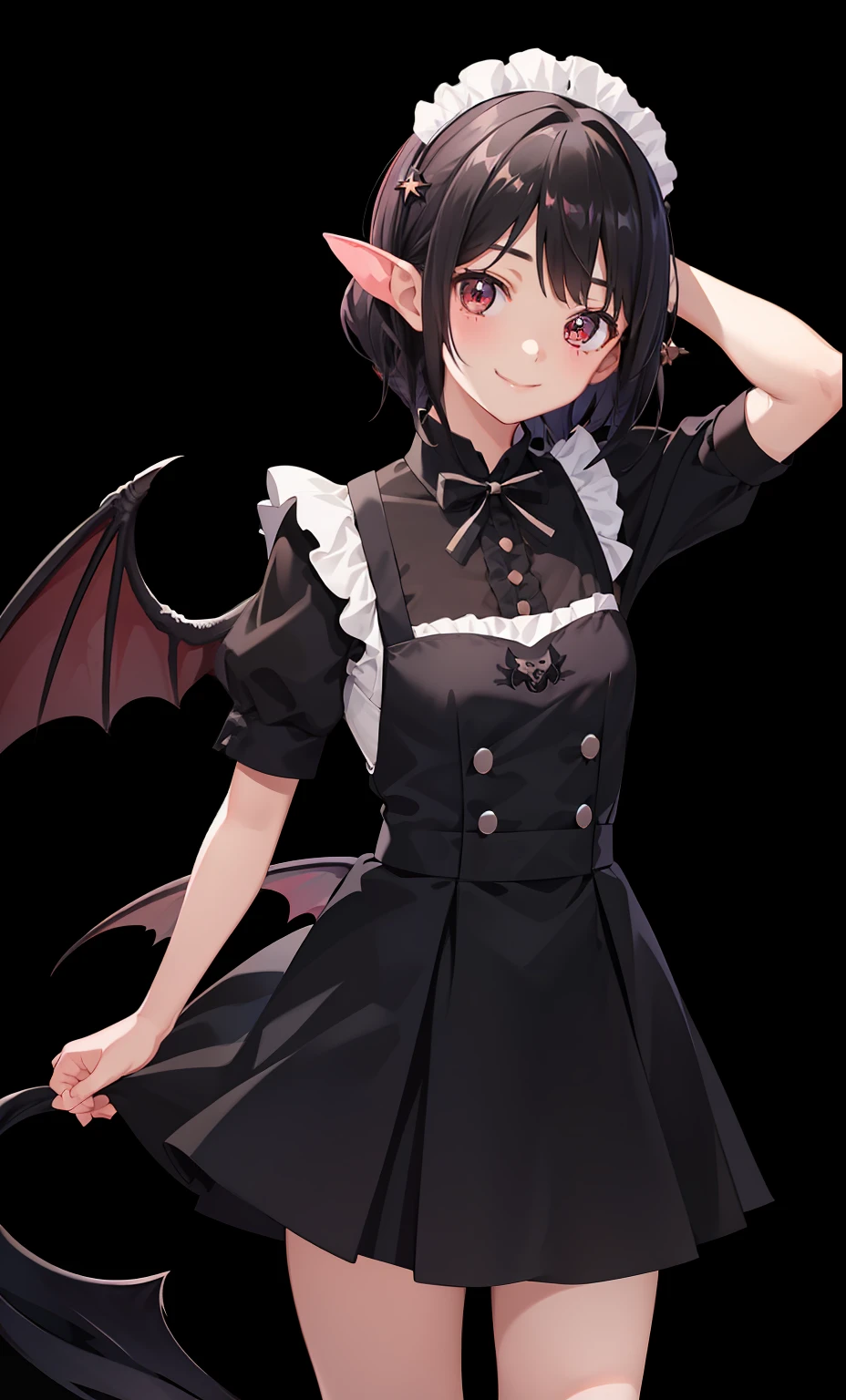 1girl in、A smile、A delightful、skirt by the、(small tits)、Chilarism、doress、pinafore,,,,,,、Maids,,,,,,,,、A dark-haired、hair adornments、succubus、movement、
