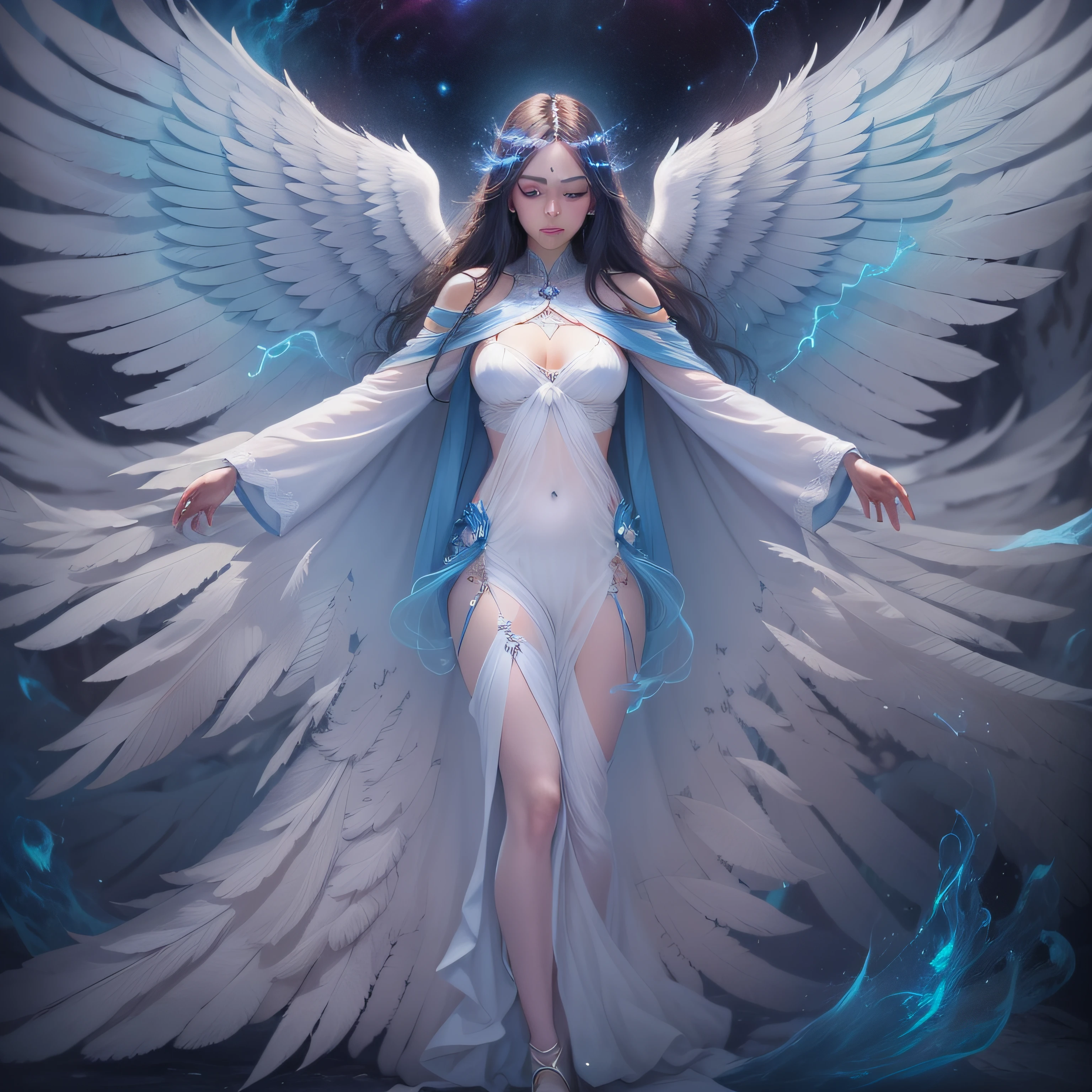 I want a cloaked angel slowly descending with open arms and large wings of open white feathers and with blue aura around luminous written INFACTOR