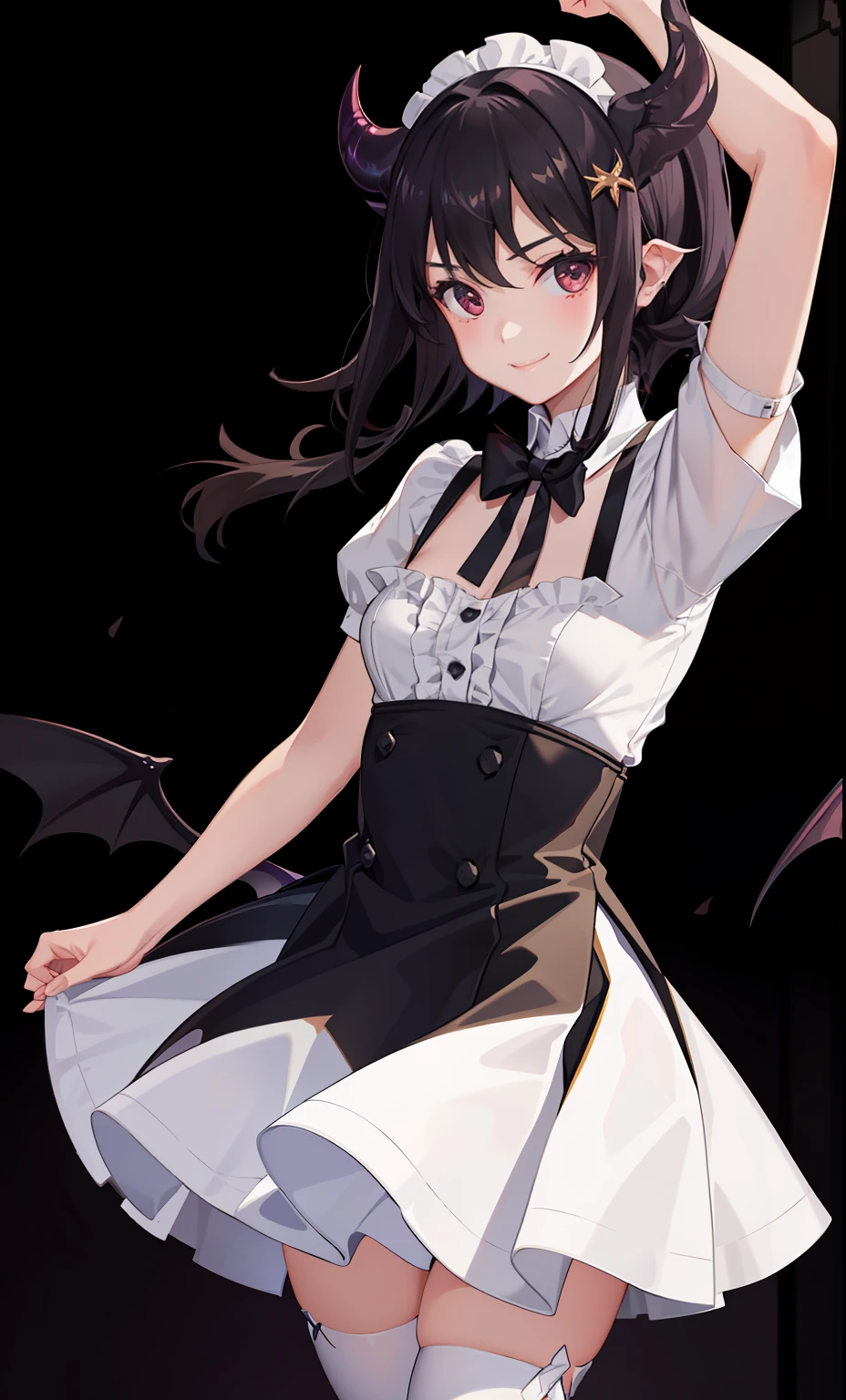 1girl in、A smile、A delightful、skirt by the、(small tits)、Chilarism、doress、pinafore,,,,,,、Maids,,,,,,,,、A dark-haired、hair adornments、succubus、movement、