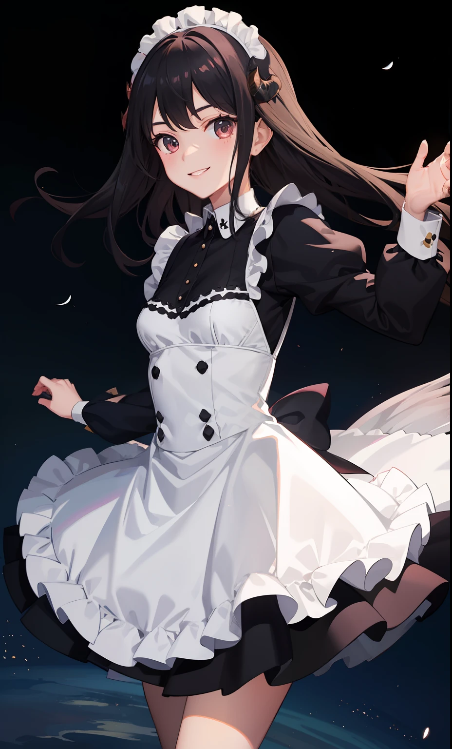 1girl in、A smile、A delightful、skirt by the、(small tits)、Chilarism、doress、pinafore,,,,,,、Maids,,,,,,,,、A dark-haired、hair adornments、succubus、movement、