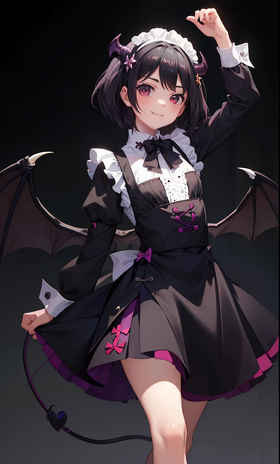 1girl in、A smile、A delightful、skirt by the、(small tits)、Chilarism、doress、pinafore,,,,,,、Maids,,,,,,,,、A dark-haired、hair adornments、succubus、movement、