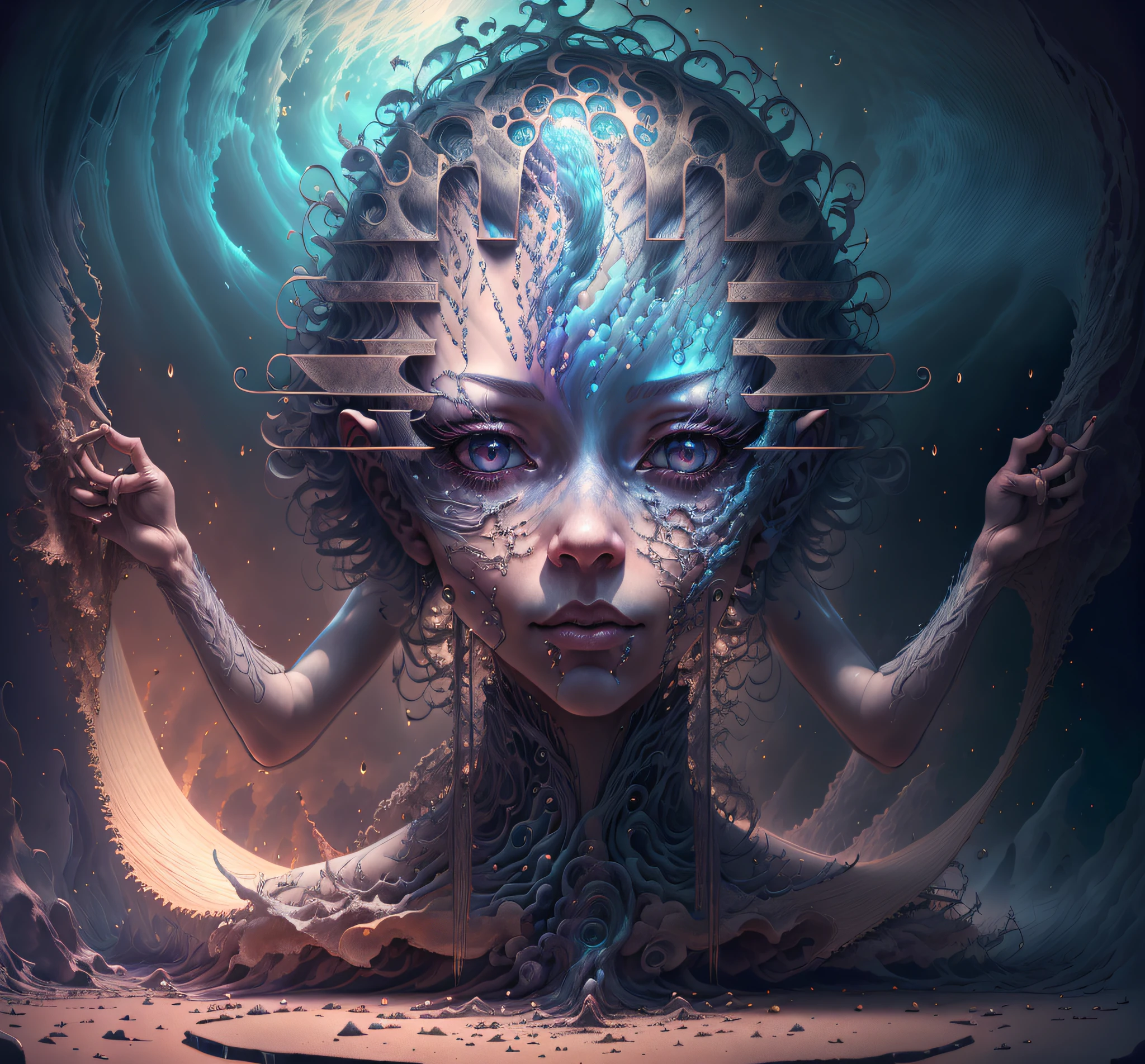 "fantasie00d, best quality, Meisterwerk, ultra-high resolution, (fotorealistisch:1.4), Surreal portrait, Surrealismus, traumhaft, als in einem Teller , Phantasiewesen, kcuteT4nk, symmetrisch, Meisterwerk,