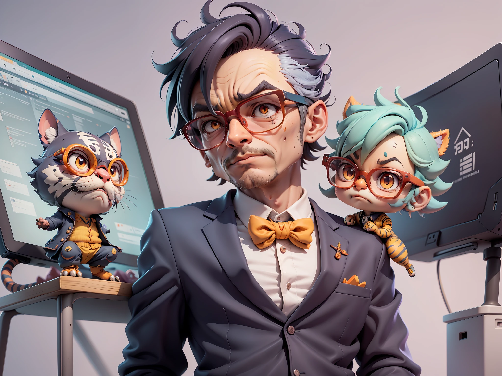 A young man in a suit, Short hair and glasses sat at his desk,holding laptop,digitial painting,tigre,3D character design by Mark Clairen and Pixar and Hayao Miyazaki and Akira Toriyama,4K HD illustration,Very detailed facial features and cartoon-style visuals。