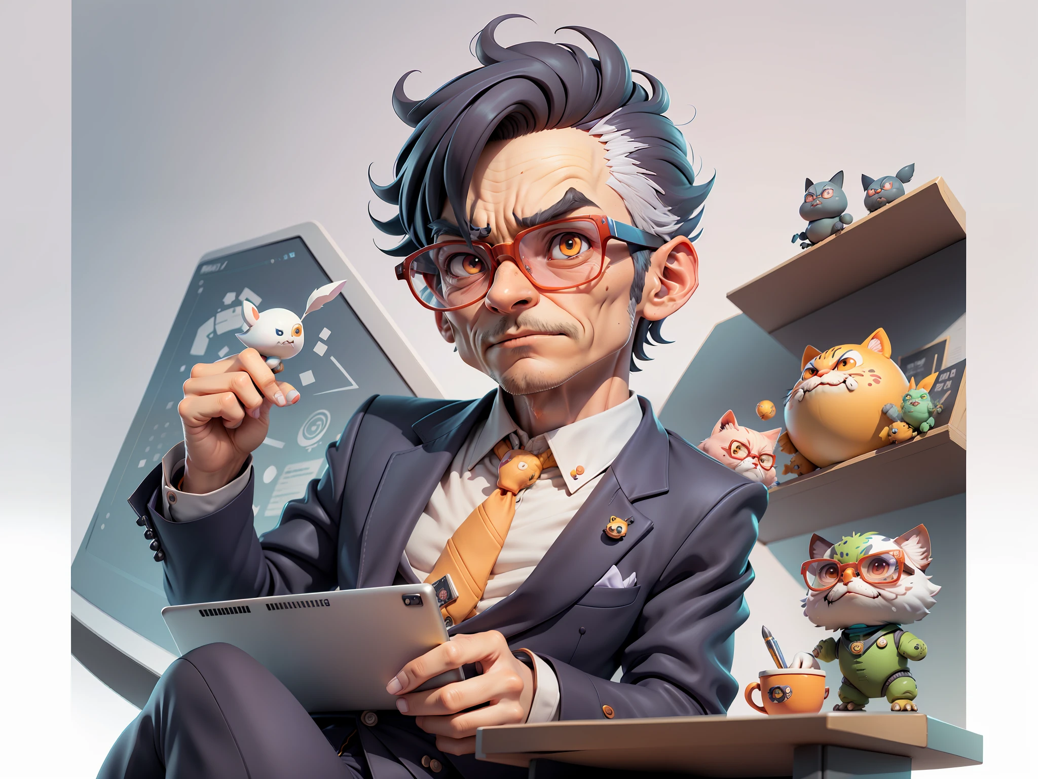 A young man in a suit, Short hair and glasses sat at his desk，holding laptop，digitial painting，tigre，3D character design by Mark Clairen and Pixar and Hayao Miyazaki and Akira Toriyama，4K HD illustration，Very detailed facial features and cartoon-style visuals。