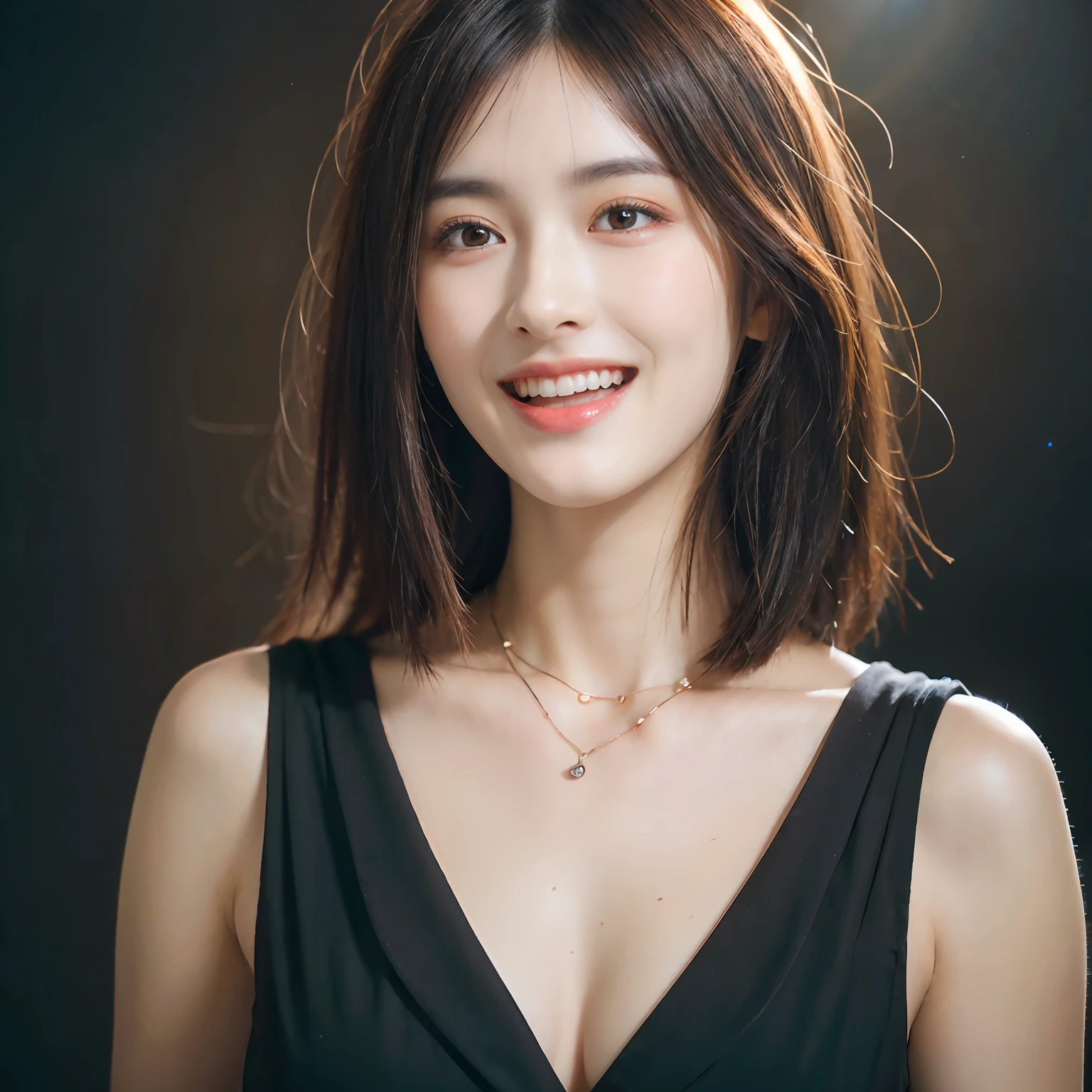 Dressed, (photographrealistic:1.4), (Hyper realistic:1.4), (Realistic:1.3), (Smoother lighting:1.05), (increase cinematic lighting quality:0.9), 32K, 1girl in,25-years old, Realistic lighting, Backlighting, Light on Face, raytrace, (Brightening light:1.2), (Increase quality:1.4), (Top quality real texture skins:1.4), finely detailed eyes, finerly detailed face, (tired and sleepy and joy:0), (Laugh:1.4), Black Suit,a necklace, (Increase body line mood:1.1), (Increase the beauty of skin texture:1.1)