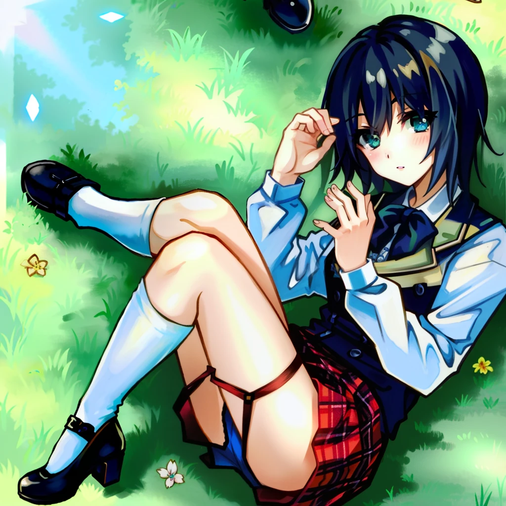 White shirt suspender stockings blue lace panties high heeled beauty