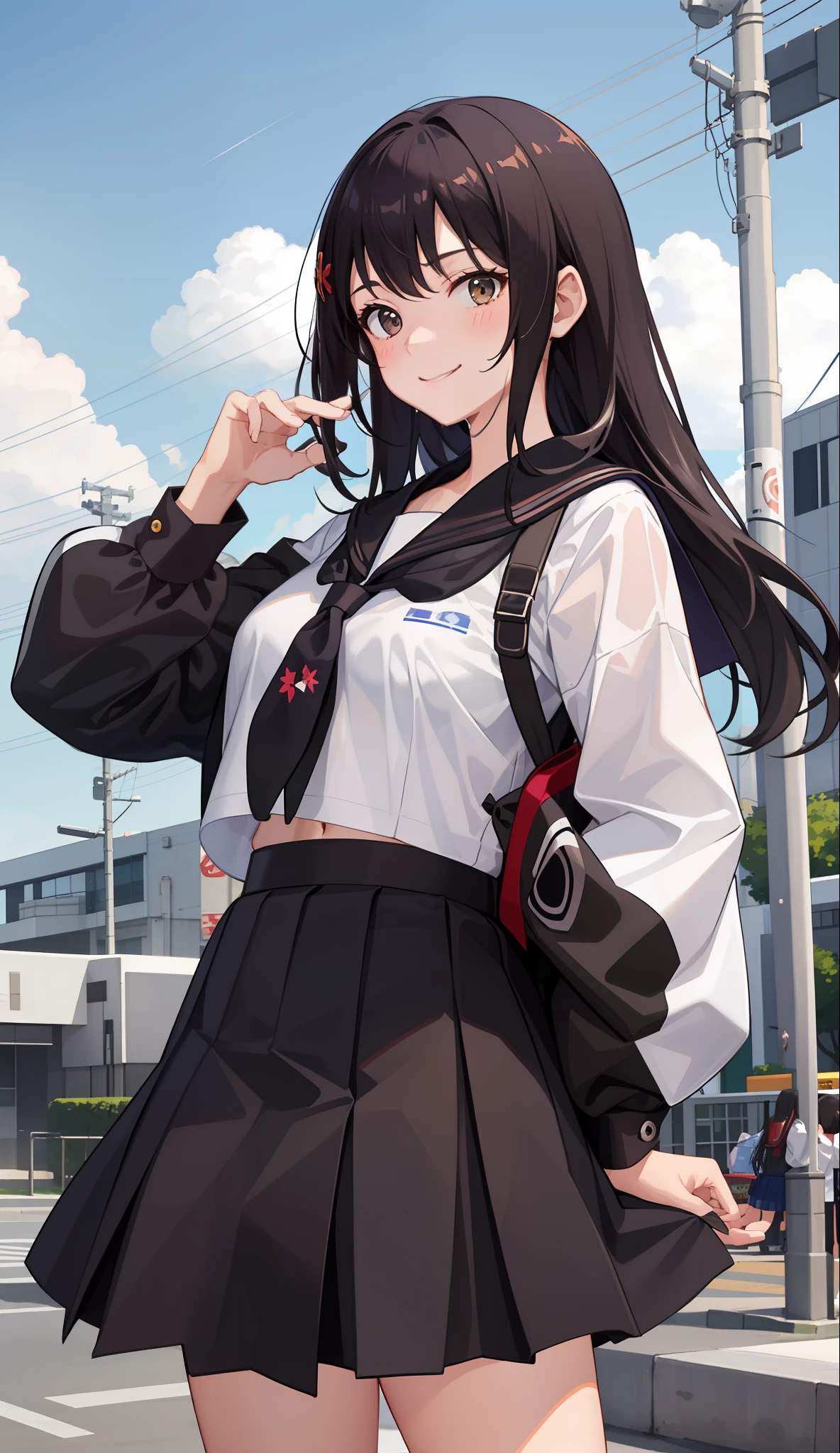 1girl in、A smile、The shirt、skirt by the、（small tits）Chilarism、Japan High School Student Uniform、serafuku、summer clothing、Squall Drenched Uniform、（Sheer Bra）、Upper body portrait、