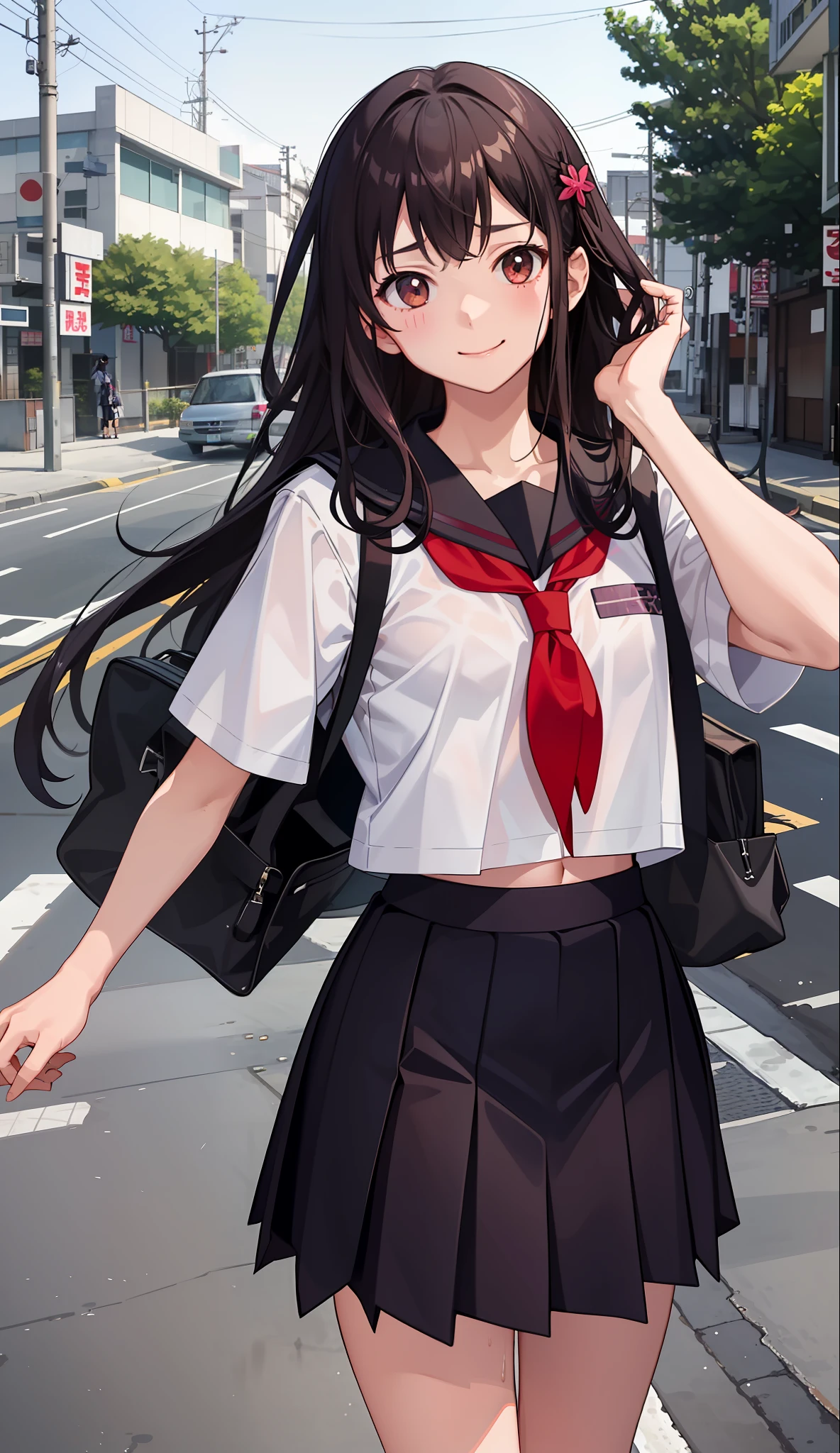 1girl in、A smile、The shirt、skirt by the、(small tits)Chilarism、Japan High School Student Uniform、serafuku、summer clothing、Squall Drenched Uniform、(Sheer Bra)、Upper body portrait、