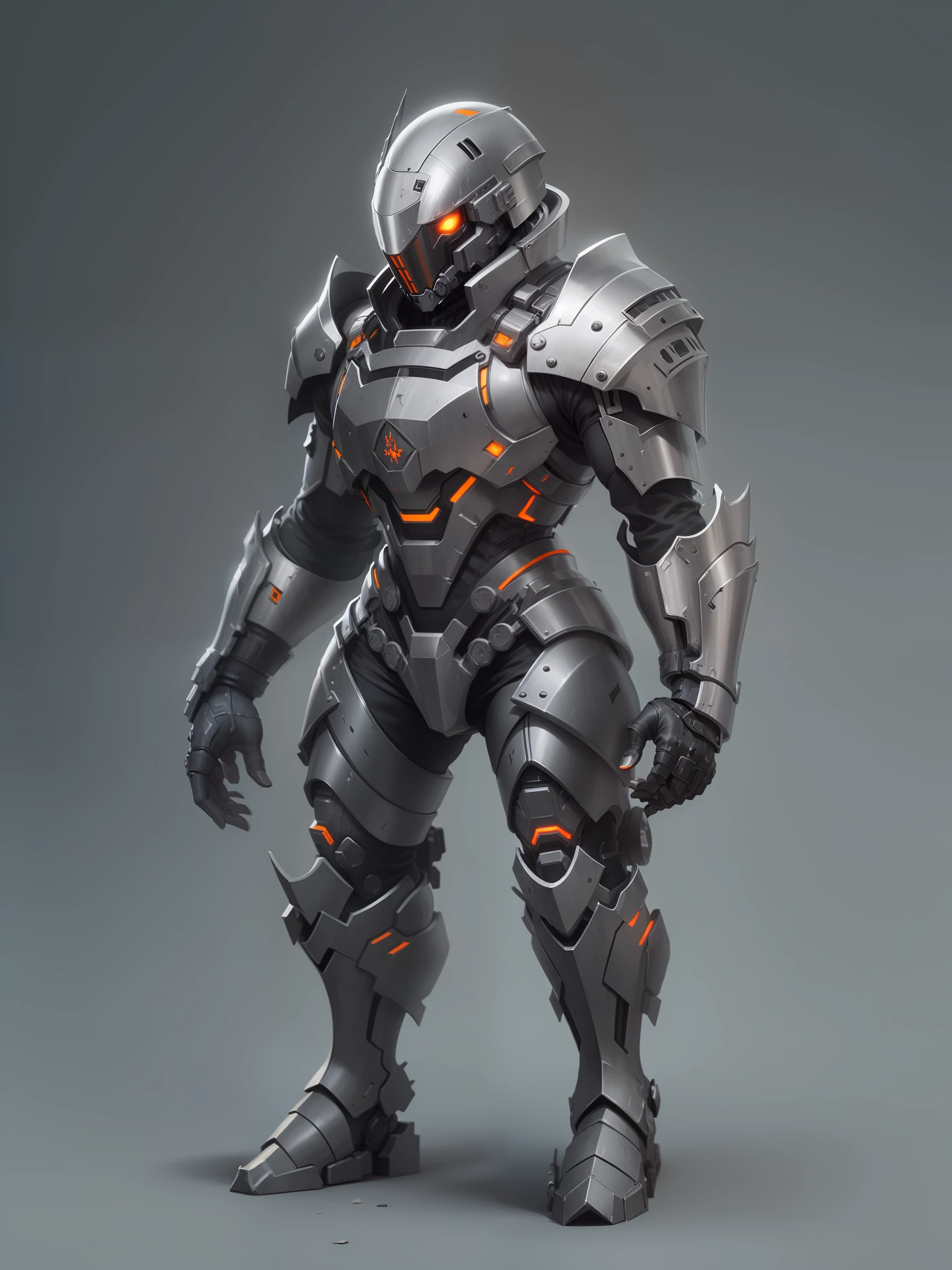 Killer Cyborg, Ferrous metal, armored helmet on the head, Brutal, Character design, hiquality, crisp detailing, ((((Full-length)))), (((MATTE GRAY BACKGROUND)))