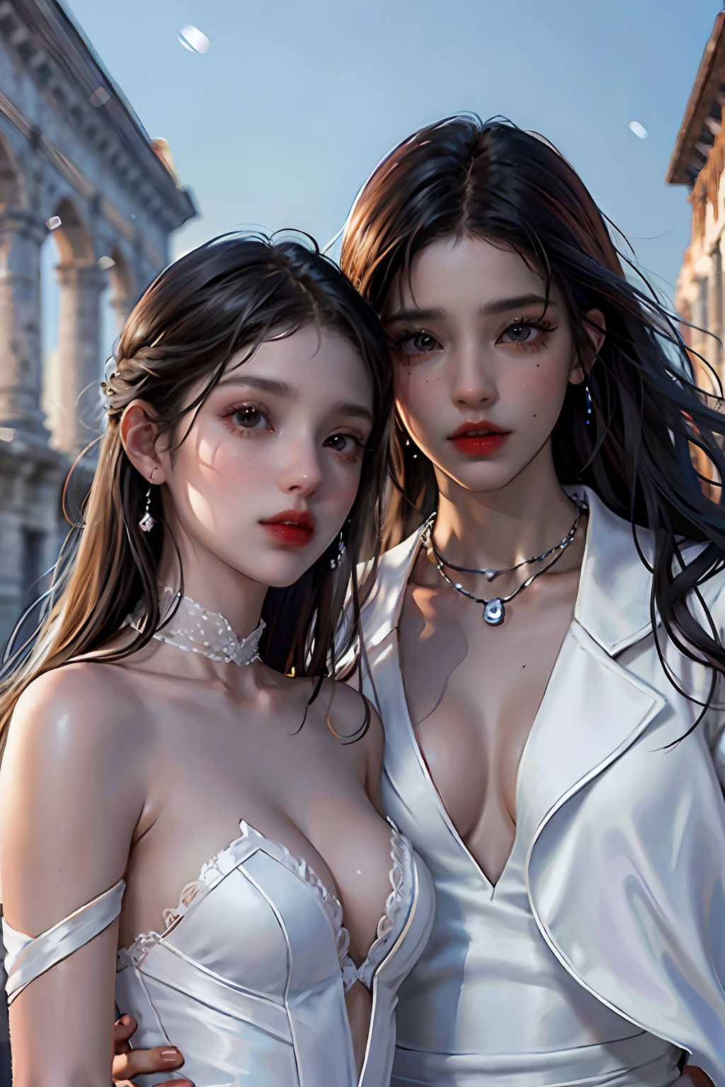 best quality, face focus, soft light, (depth of field),2girls,duo,on the Castel Sant'Angelo of Rome,navel,winter,Snow,crowd,silk,satin,ultra high res, (photorealistic:1.4), RAW photo, (portrait:1.4) ,(from front)