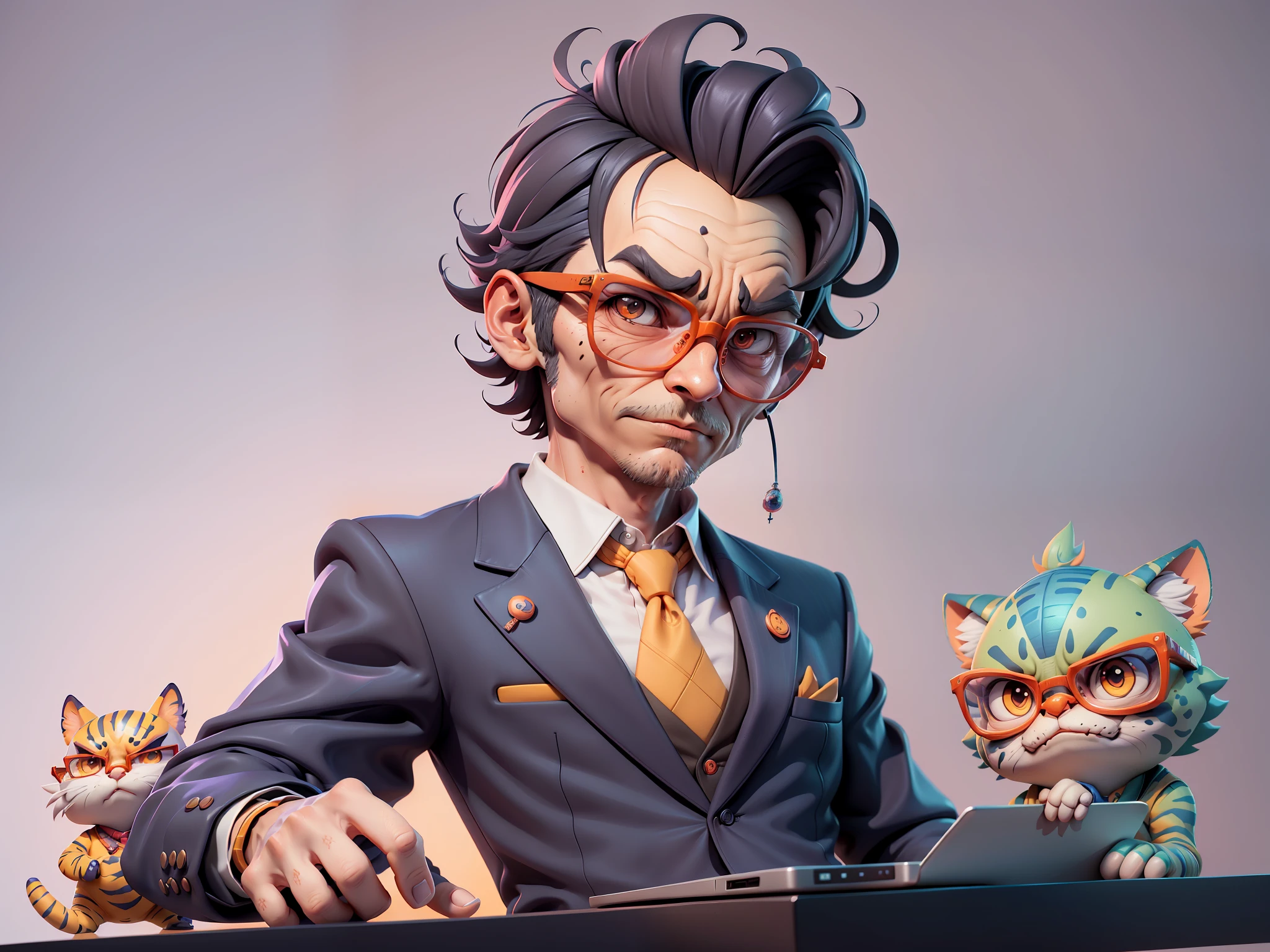 A young man in a suit, Short hair and glasses sat at his desk,holding laptop,digitial painting,tigre,3D character design by Mark Clairen and Pixar and Hayao Miyazaki and Akira Toriyama,4K HD illustration,Very detailed facial features and cartoon-style visuals。