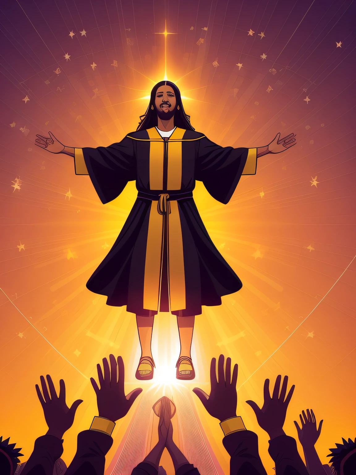a soulful vector art of a graduate celebrating with Jesus in an expression of joyful faith and success. Depict the graduate with arms raised high in celebration, surrounded by a divine aura of light and grace. Show Jesus standing beside the graduate, offering a warm and encouraging presence. Use a vibrant and radiant color palette to evoke a sense of divine joy and triumph. Add symbols of graduation and spiritual growth, such as a diploma and a Bible, to signify the intertwining of academic and spiritual achievements. This style should emphasize the graduate's sense of triumph and faith during their celebratory moment with Jesus, isolated, black background, in the style of 0mib