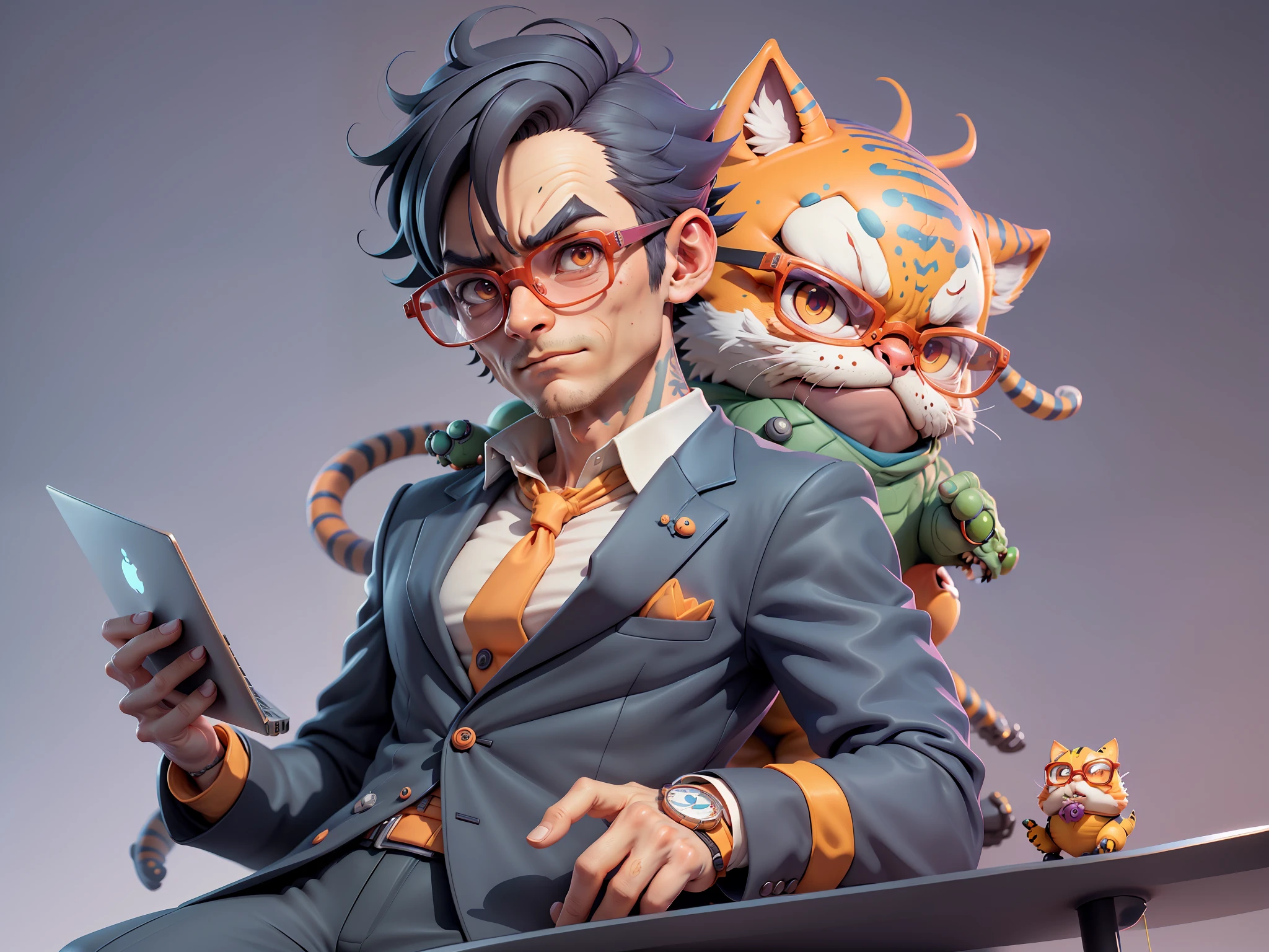 A young man in a suit, Short hair and glasses sat at his desk，holding laptop，digitial painting，tigre，3D character design by Mark Clairen and Pixar and Hayao Miyazaki and Akira Toriyama，4K HD illustration，Very detailed facial features and cartoon-style visuals。