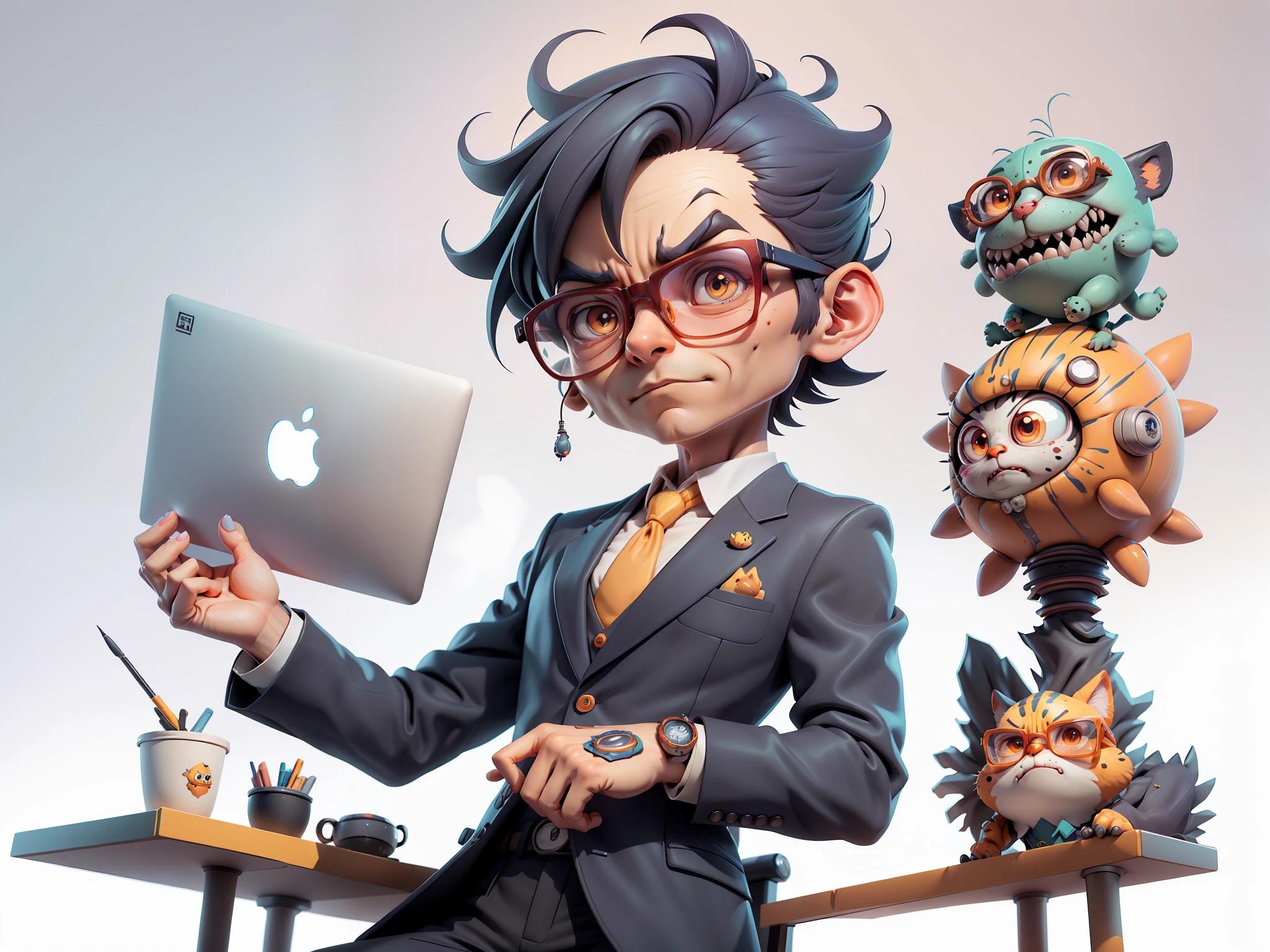 A young man in a suit, Short hair and glasses sat at his desk,holding laptop,digitial painting,tigre,3D character design by Mark Clairen and Pixar and Hayao Miyazaki and Akira Toriyama,4K HD illustration,Very detailed facial features and cartoon-style visuals。
