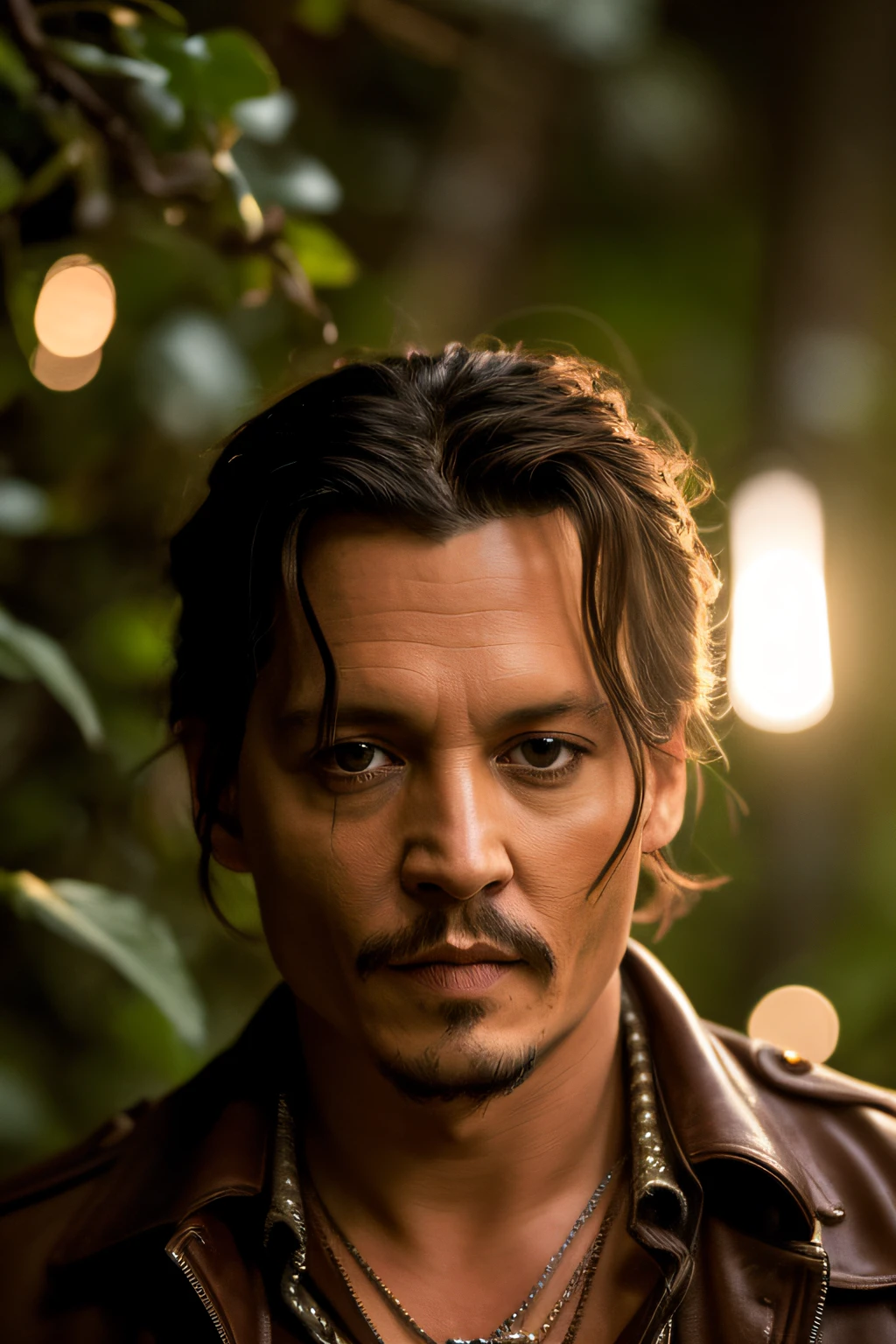 masterpiece, johnny depp walking through the jungle (night among fireflies), (high detail:1 1), rough face, natural skin, high quality, nsfw, beautiful eyes, (detailed face and eyes), (face: 1 2), noise, extra, real photo, PSD, lamp film photography, sharp focus, contrast lighting, detailed skin, high resolution 8k, crazy detail, realistic, professional photography, 8k UHD, SLR camera, soft lighting, high quality, film grain, Fujifilm XT3