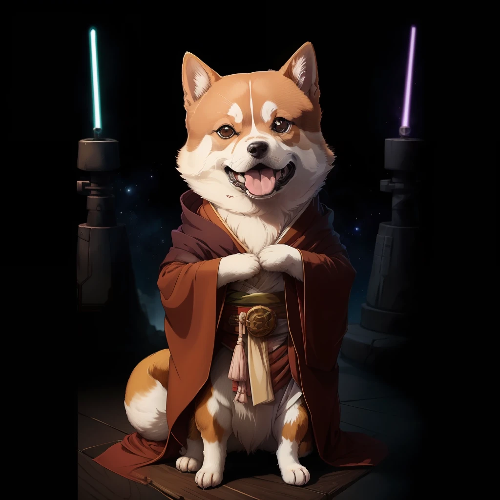 Guerra nas Estrelas、Shiba Inu em roupas Jedi、Mestre Jedi Shiba Inu、encantador、Parece divertido、Parece feliz、Niō Standing、corpo forte、Fotos de apenas um animal、Uma bela、estilo anime