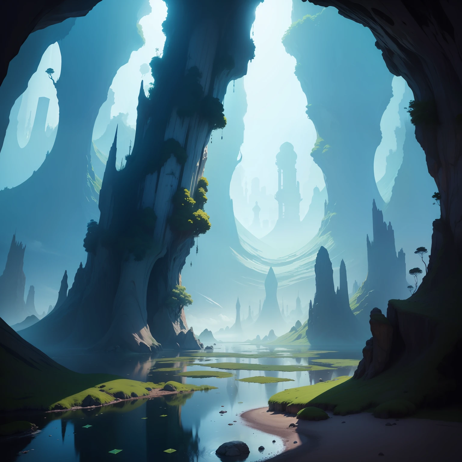 paisagem de fantasia, com elementos surreais.