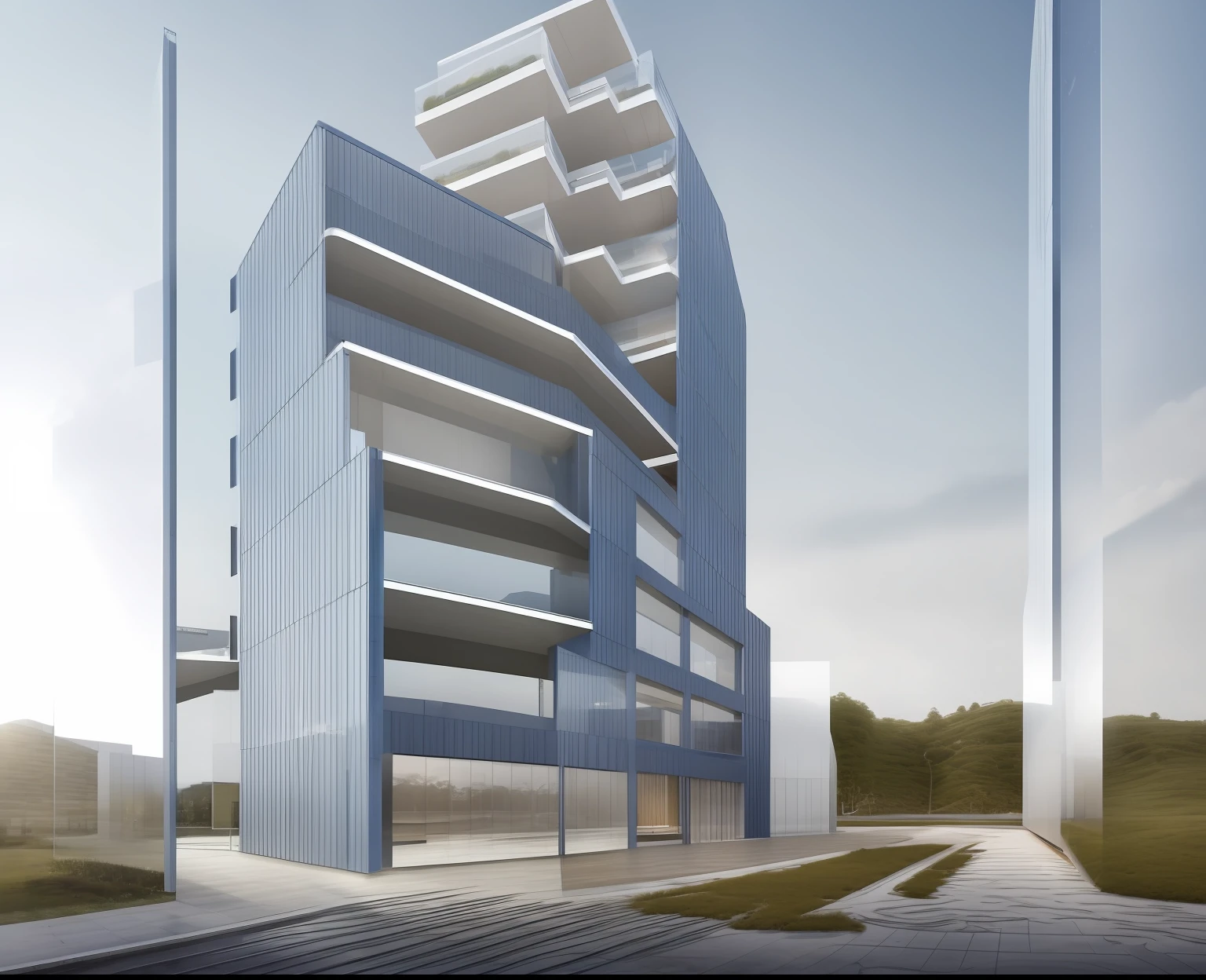 masterpiece,top-quality,photos realistic,Building facing the road,Linear Design Buildings,Surrounding buildings are translucent,White clouds in blue sky,White telephone pole,Reflection of the sky in glass, Glass railing, Concrete exterior wall