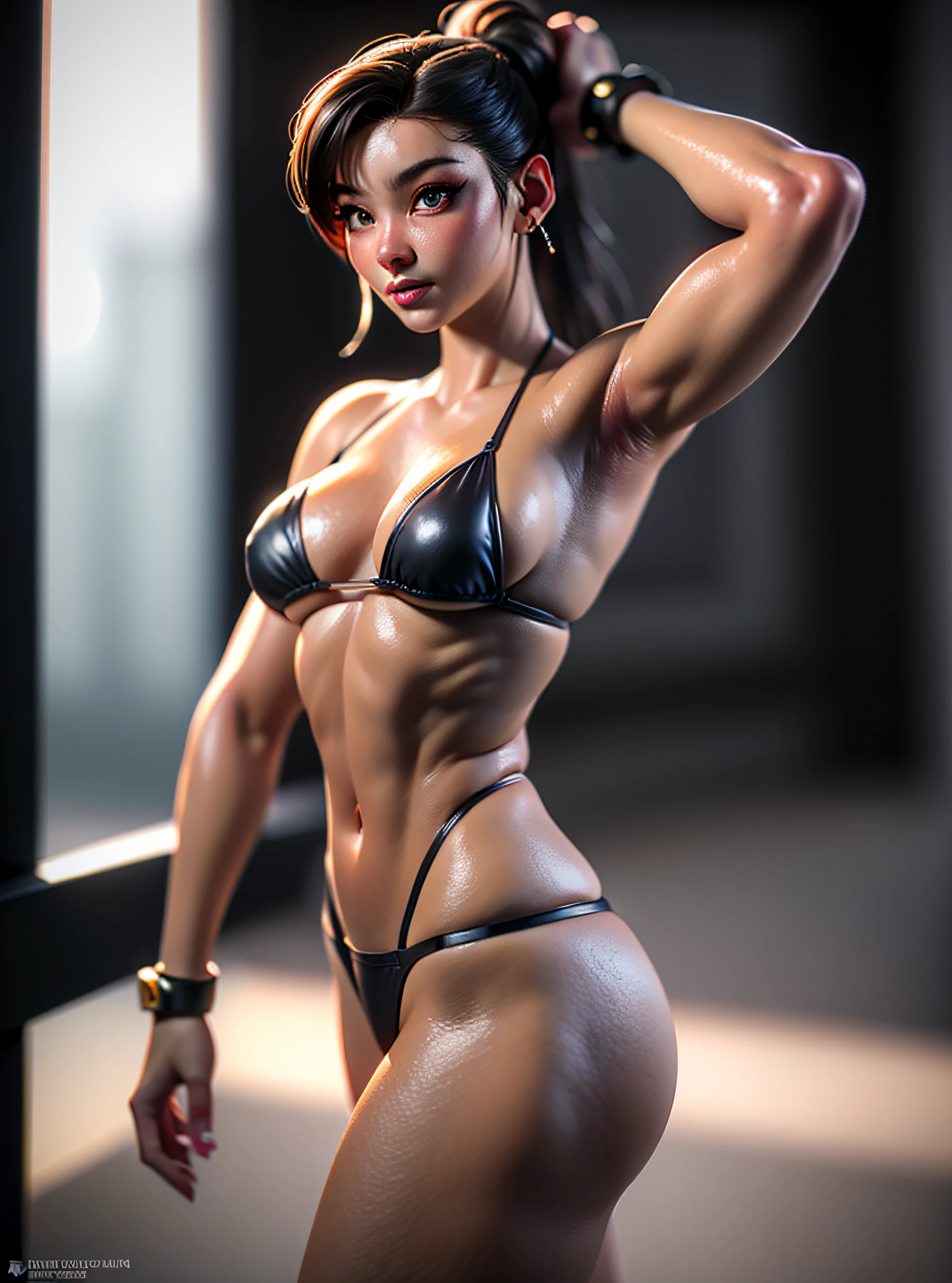 (masterpiece, high resolution, photorealistic: 1.4), Chun-li， ((Chun-li)), dressed in (small black micro-thong, black micro-bikini:Star motif), ((Beautiful and aesthetic) ), muscular abs, Sexy, (standing striking a moonlit pose in a martial arts arena: 1.2), (Sony Alpha a7R IV camera expertly used to capture this captivating moment: 1.2), (paired with a versatile Sony FE lens 24-70mm f/2.8 GM, ensuring every detail is beautifully captured:1.2), (her skin glowing in the light :1.2), (a breathtaking shot of a mesmerizing woman displaying her stunning beauty:1.2).