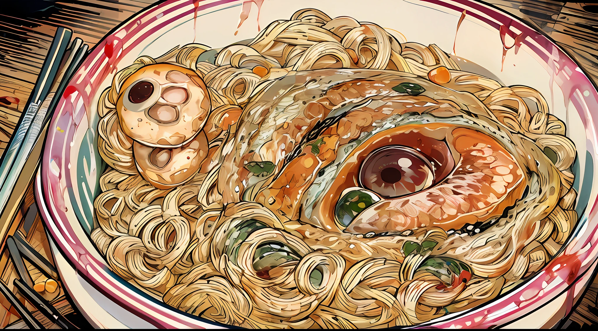 Ramen noodles ontop human meat and eyeball with blood,ito junji style, ((masterpiece)),illustration,high detail, soft lighting, delicious, colorful, aesthetically pleasing, studio lighting, trending