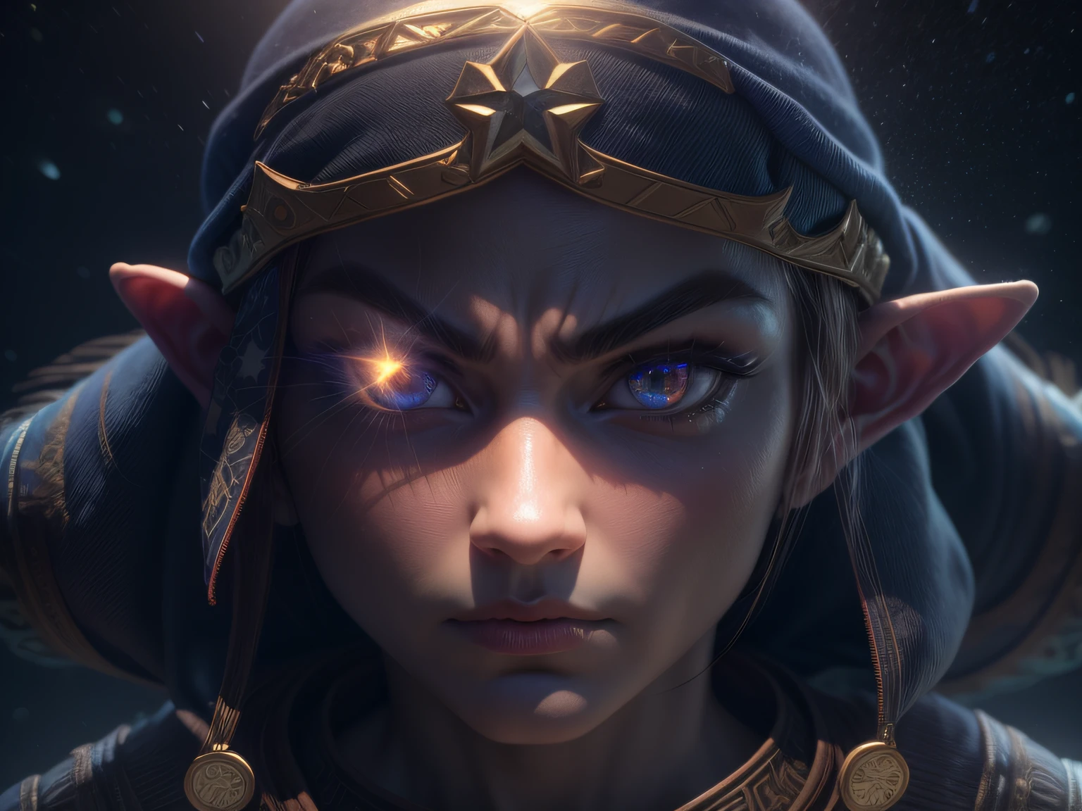 A aparência imponente de Link do jogo the legend of zelda, menacing stare, ricamente detalhado, Hiper realista, 3D-rendering, obra-prima, NVIDIA, RTX, ray-traced, Bokeh, Night sky with a huge and beautiful full moon, estrelas brilhando,
