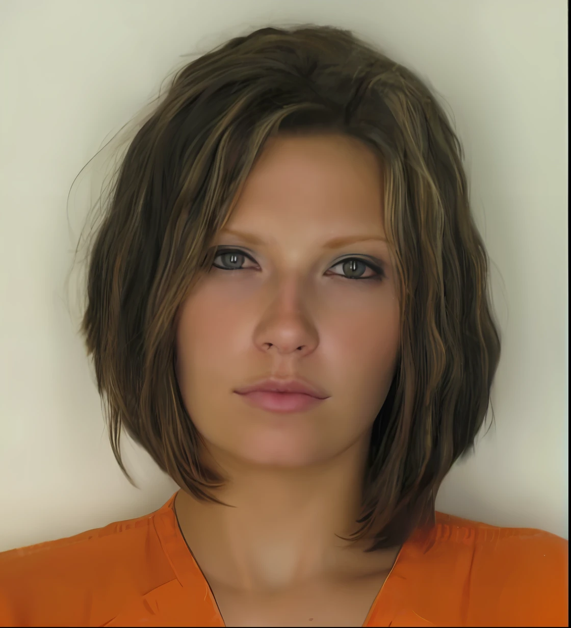 a close up of a woman in an orange shirt with a white background, mugshot!!!!!, mugshot!!!, mugshot, mug shot, criminal mugshot, nicole de boer, the woman is behind bars, in jail, mugshots, brave police j decker face, her hair is natural disheveled, photograph credit: ap, dressed in orange inmate attire, in prison, arrested