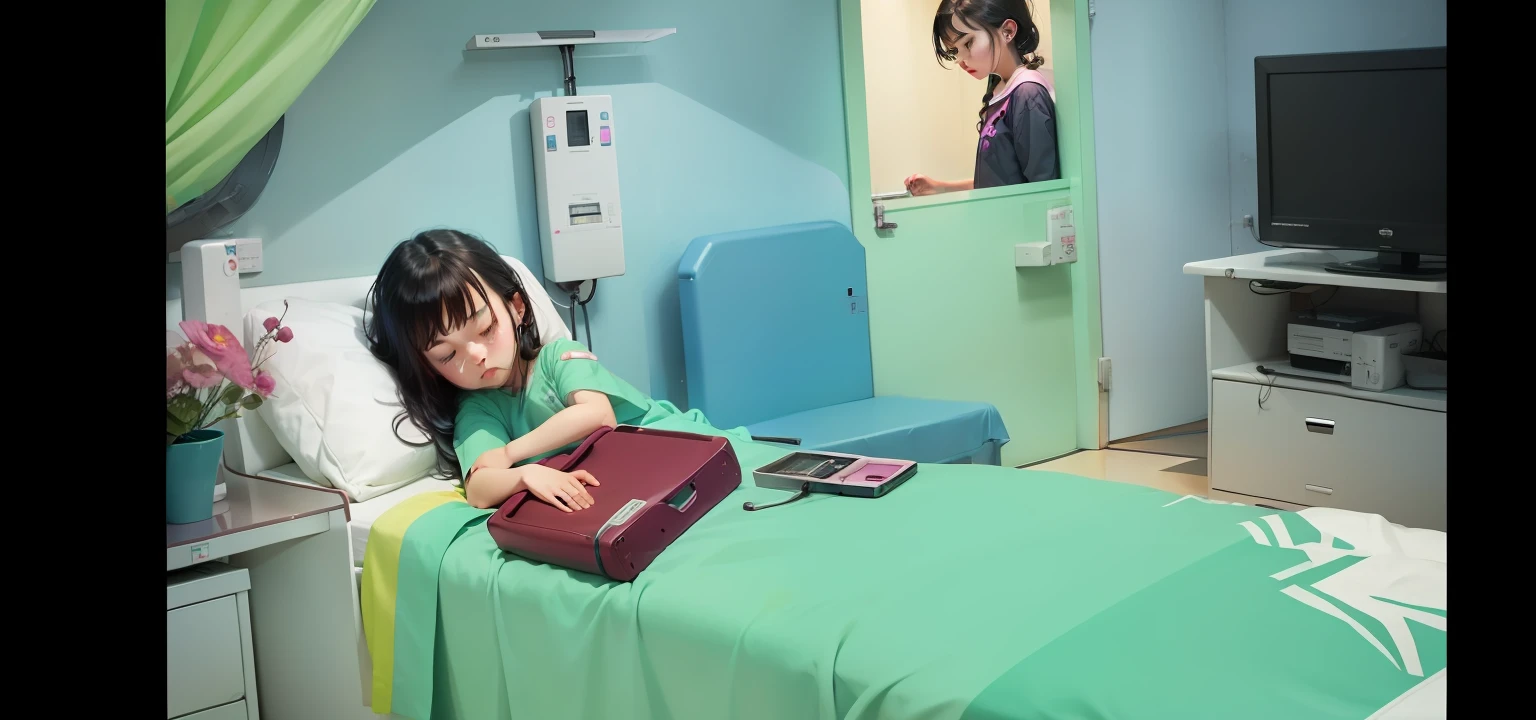 A girl with fuschia hair lies in a hospital bed,sleeping. Outside the room is a boy with dark hair.