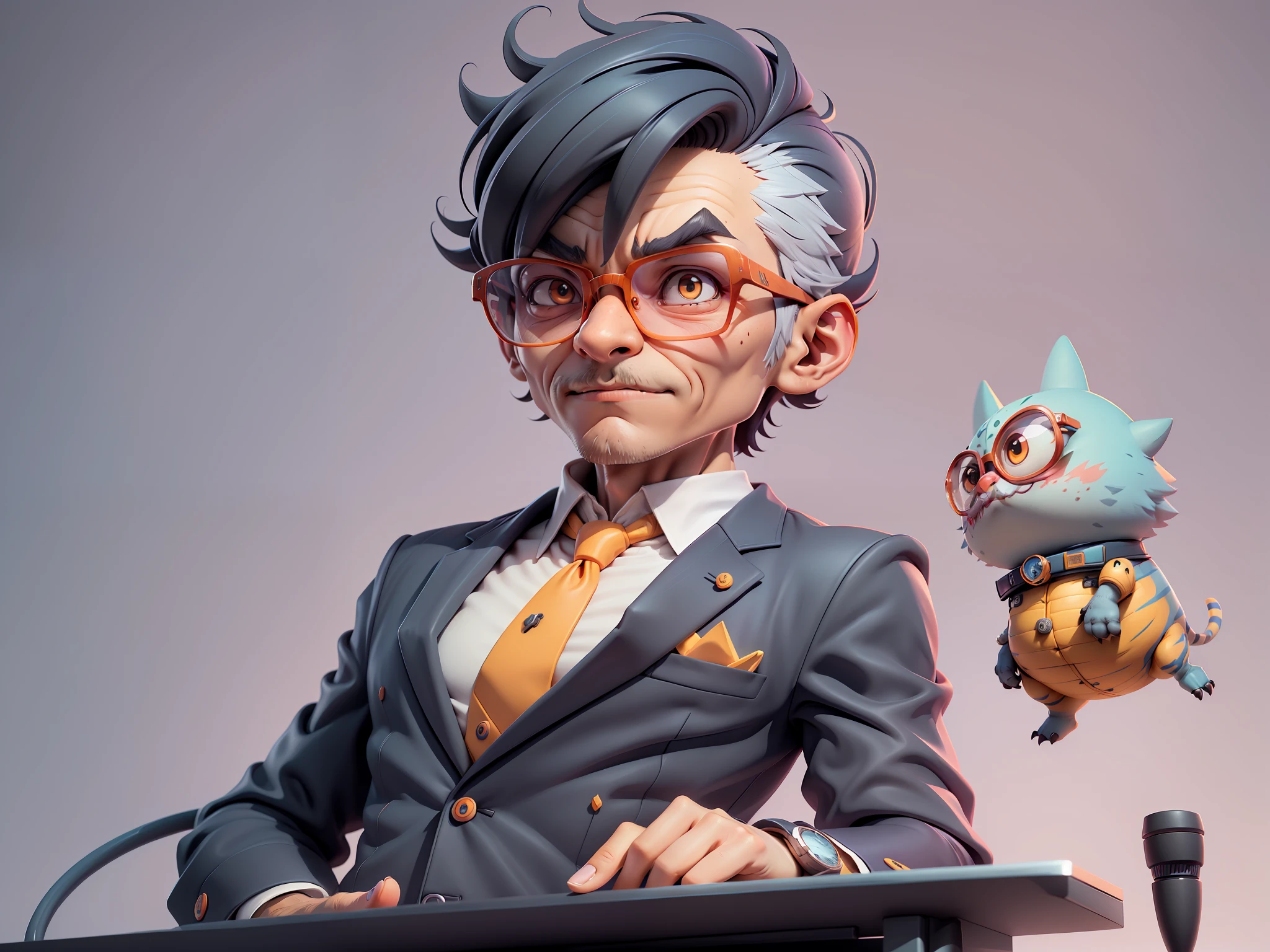 A young man in a suit, Short hair and glasses sat at his desk，holding laptop，digitial painting，tigre，3D character design by Mark Clairen and Pixar and Hayao Miyazaki and Akira Toriyama，4K HD illustration，Very detailed facial features and cartoon-style visuals。