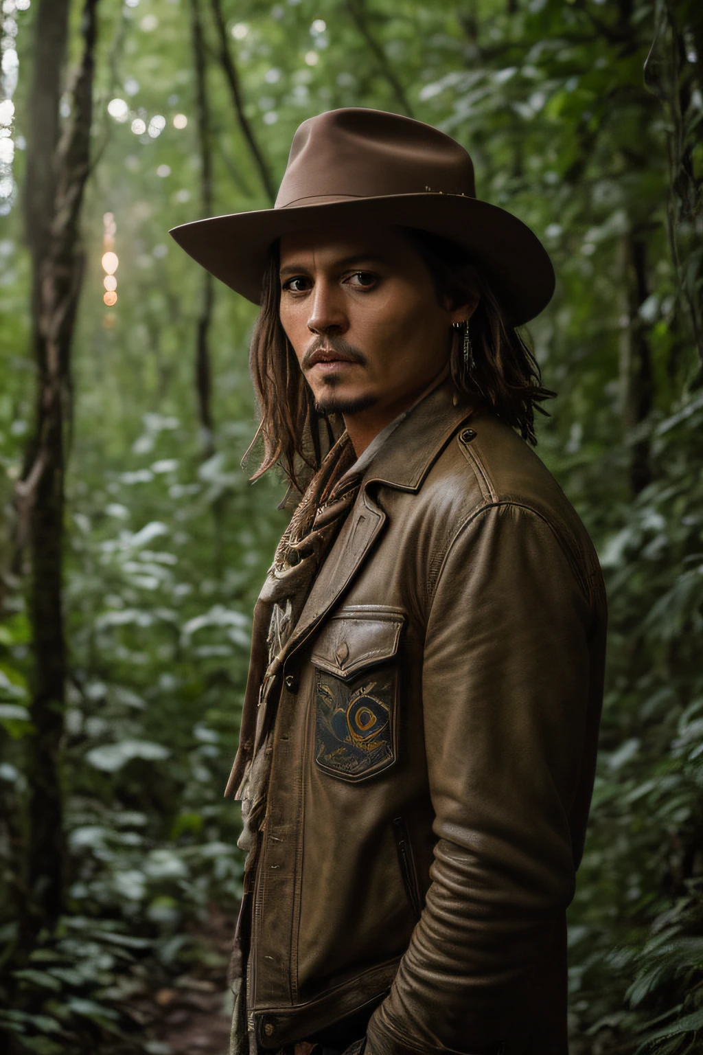 masterpiece, johnny depp walking through the jungle (night among fireflies), (high detail:1 1), rough face, natural skin, high quality, nsfw, beautiful eyes, (detailed face and eyes), (face: 1 2), noise, extra, real photo, PSD, lamp film photography, sharp focus, contrast lighting, detailed skin, high resolution 8k, crazy detail, realistic, professional photography, 8k UHD, SLR camera, soft lighting, high quality, film grain, Fujifilm XT3