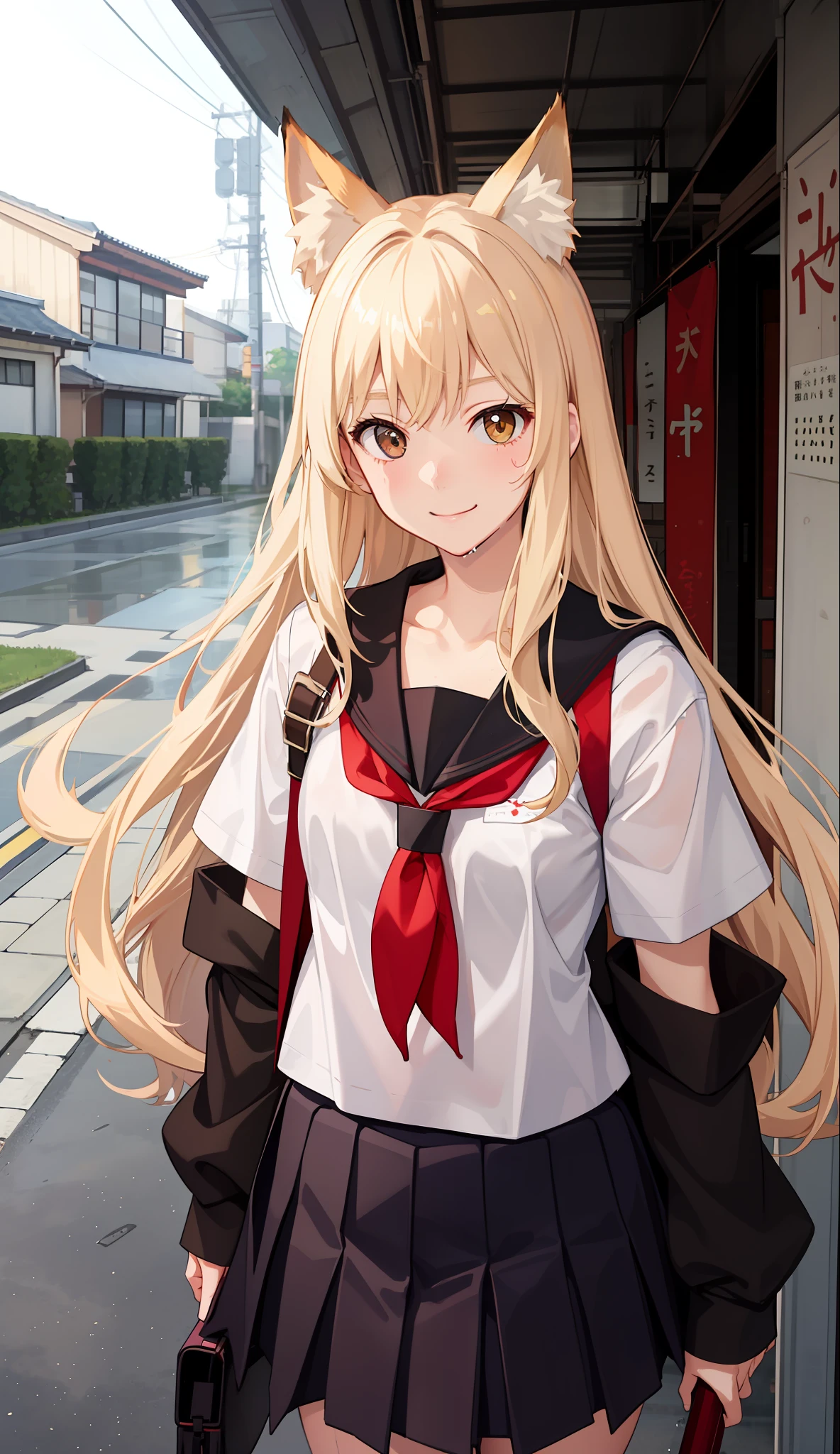1girl in、A smile、The shirt、skirt by the、（small tits）Chilarism、Japan High School Student Uniform、serafuku、summer clothing、Squall Drenched Uniform、show brassiere、Fox ears、Blonde hair、（Upper body portrait）、